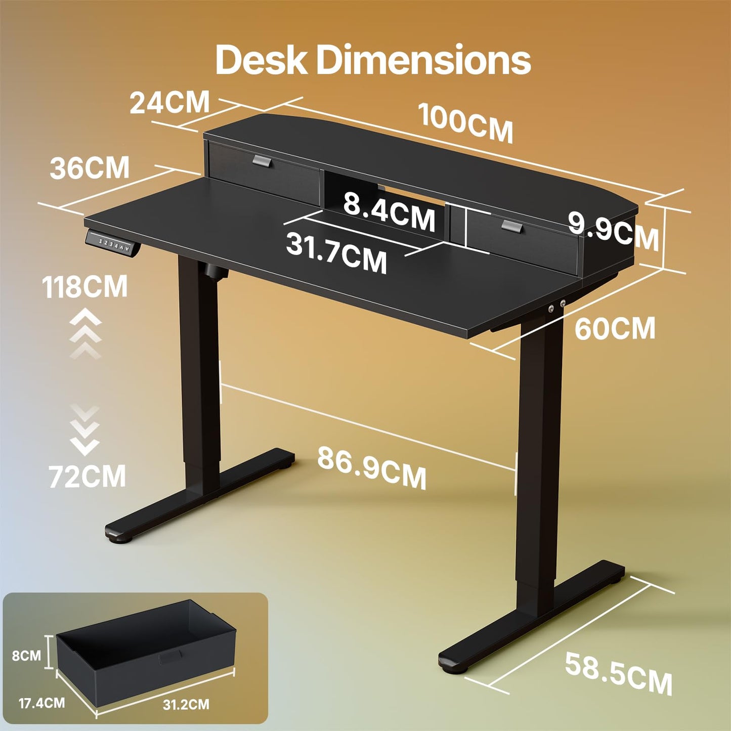 HUANUO Standing Desk with Drawers, 100x60cm, Black