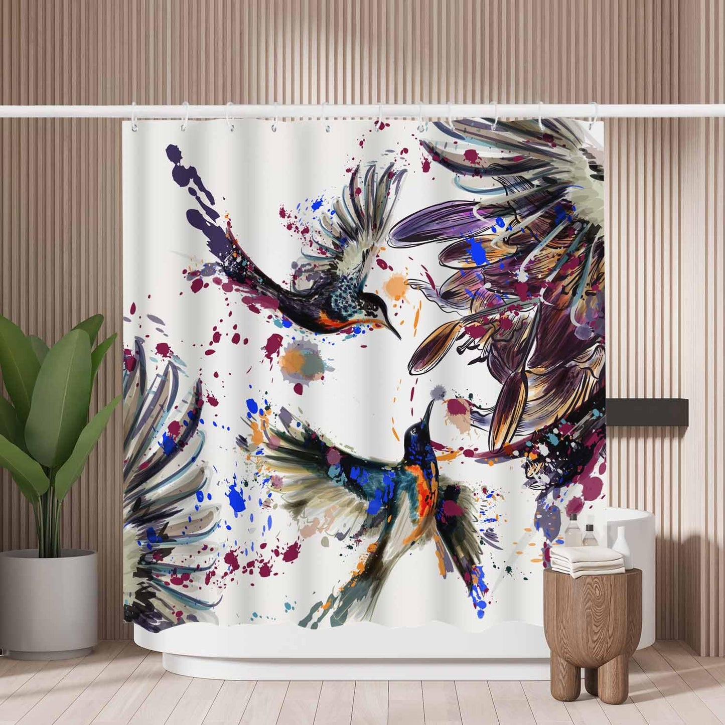 Woutay Shower Curtain Water Repellant Fabric Watercolor Black Birds,Mould Proof Resistant,Polyester,with 12 Plastic Hooks
