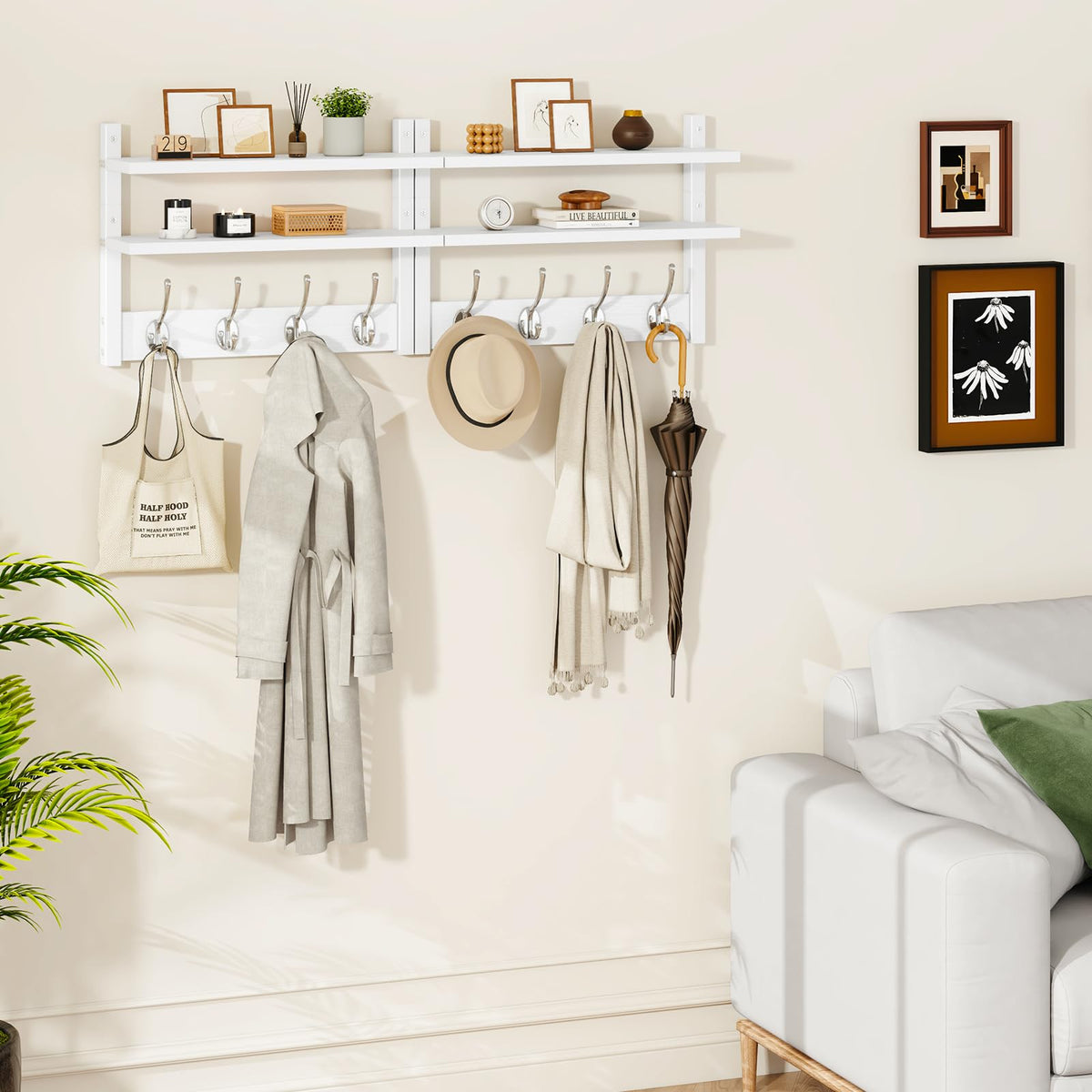 YMYNY 2-Tier Coat Hooks Wall Mounted with Shelf, White HWS009W-2