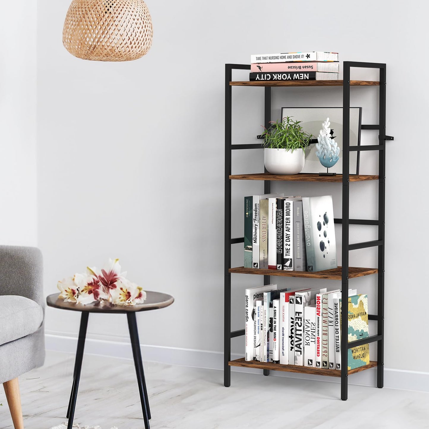 CADUKE 4 Tier Bookshelf with Storage, Brown Open Etagere Bookcase