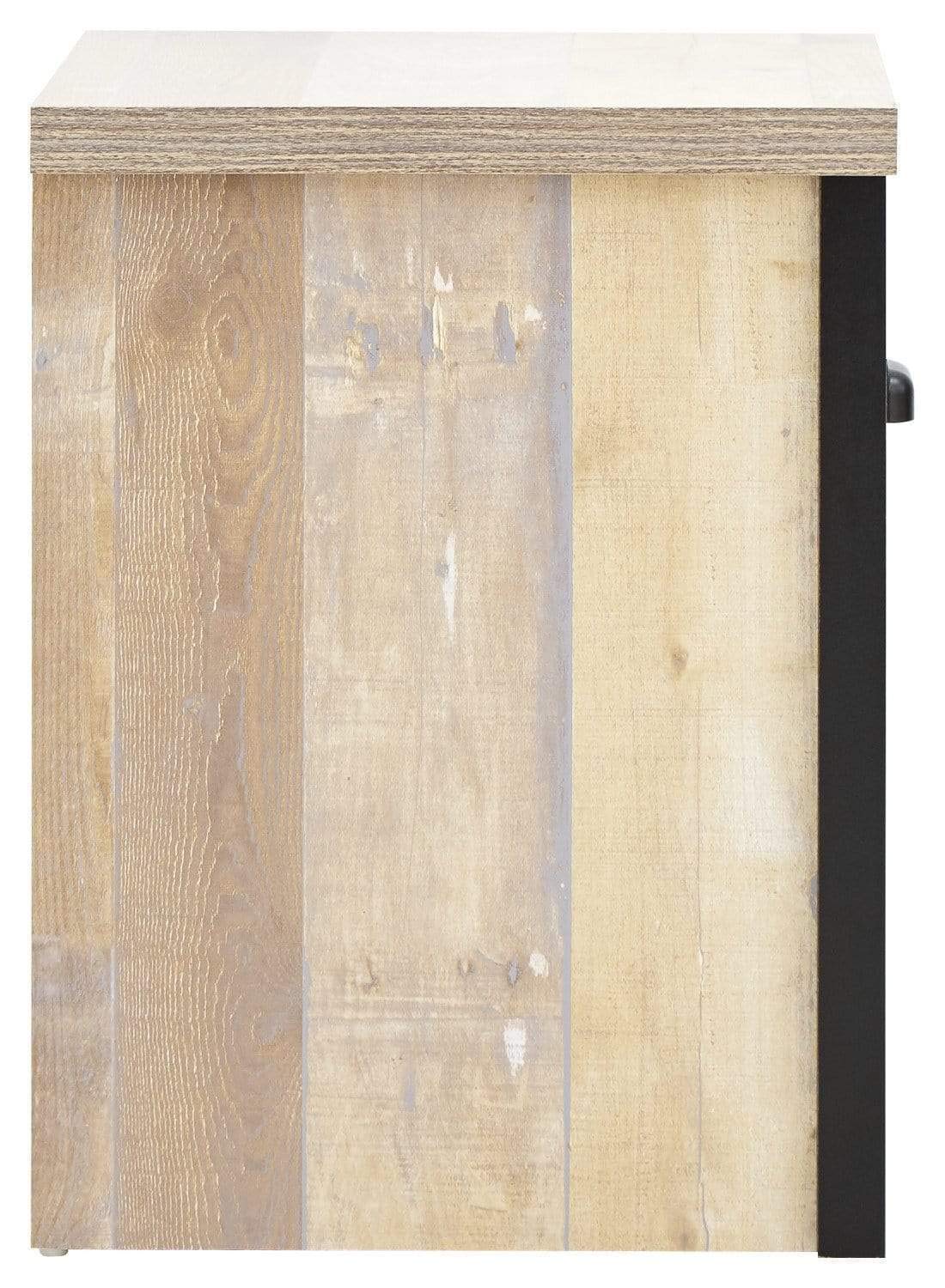 GFW Boston Lamp Table with Drawer, Industrial Side Table with Black Metal Handle, Oak Effect Finish and Contrasting Frame, Living Room End Table