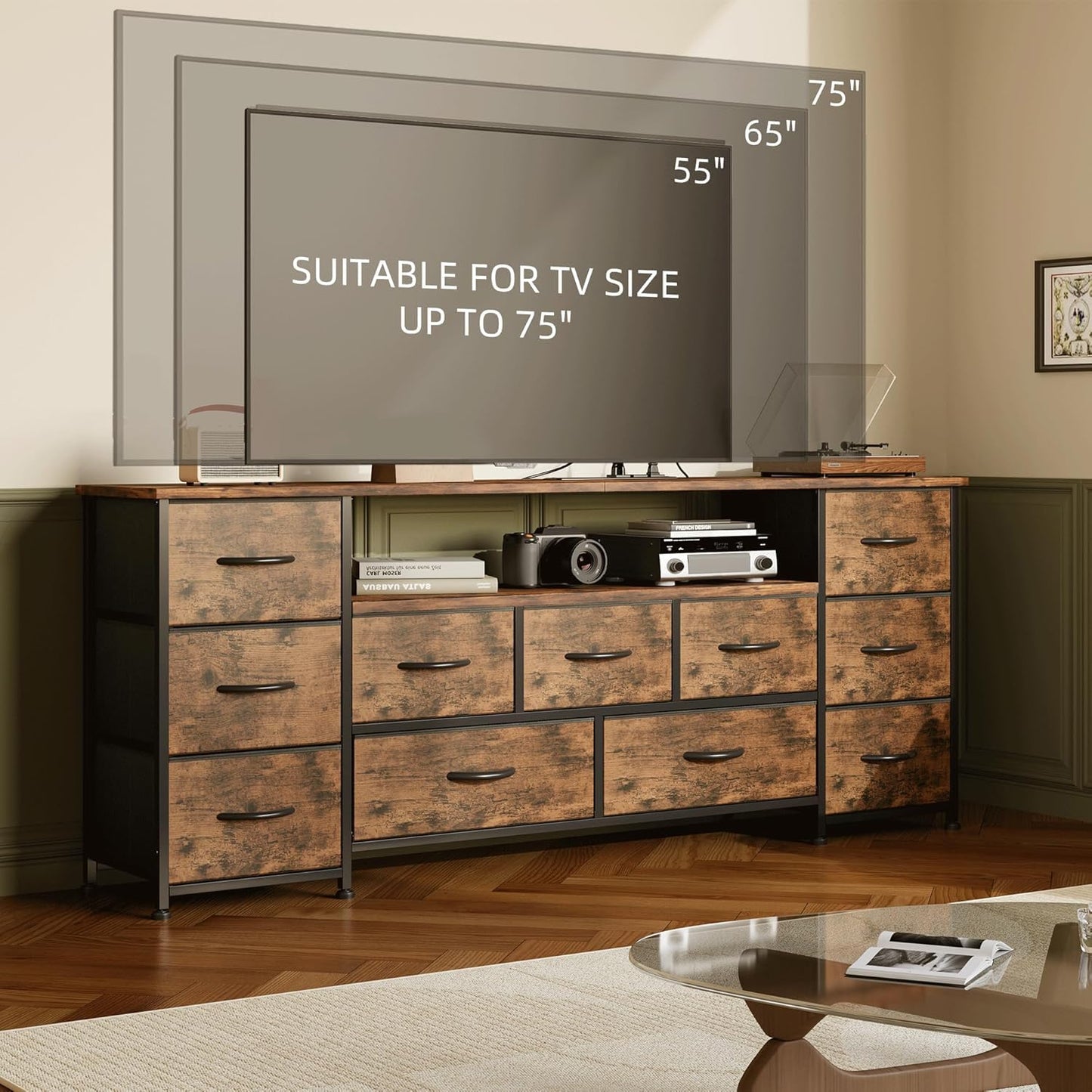 VERMESS 63" Tv Cabinet, Dresser for Bedroom with 11 Fabric Drawers, TV Stand with Power Socket for TVs up to 70", TV Units for Living Room, Bedroom