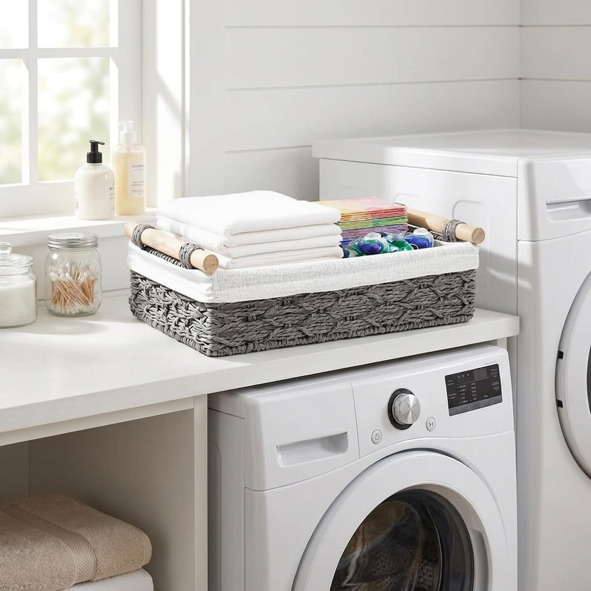 DUOER Storage Basket Wicker Baskets for Organizing Storage Bins for Countertop Toilet Paper Storage Basket for Toilet Tank Top Set of 2,Grey