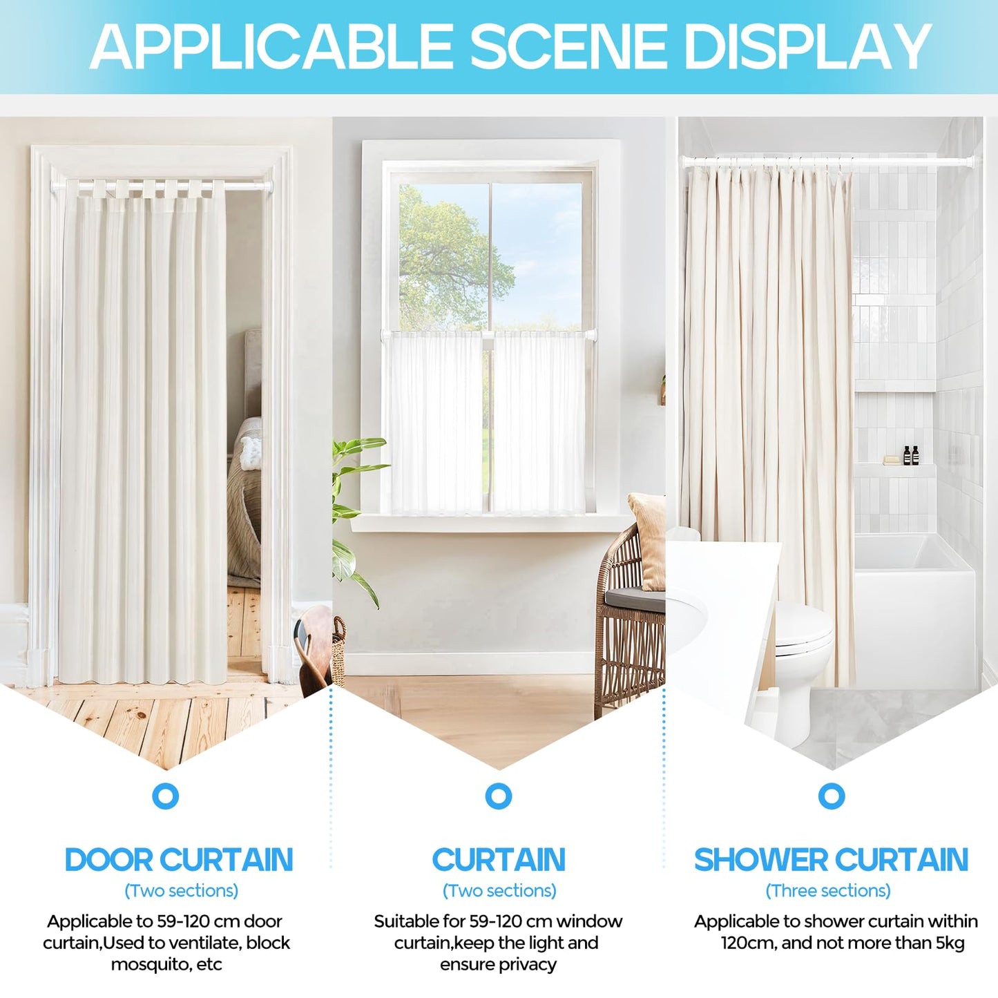 Zipglo Extendable Curtain Poles 59-120 cm, Tension Rods for Curtains Adjustable Shower Curtain Poles No Drilling Spring Loaded Curtain Rod Shower