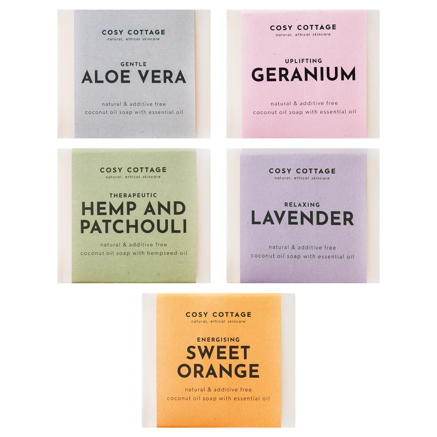 Cosy Cottage Natural Soap Bar Gift Set |5 x 110g | Handmade Vegan Soap Bars | Sweet Orange, Lavender, Geranium & Orange, Hemp & Patchouli, Aloe Vera |