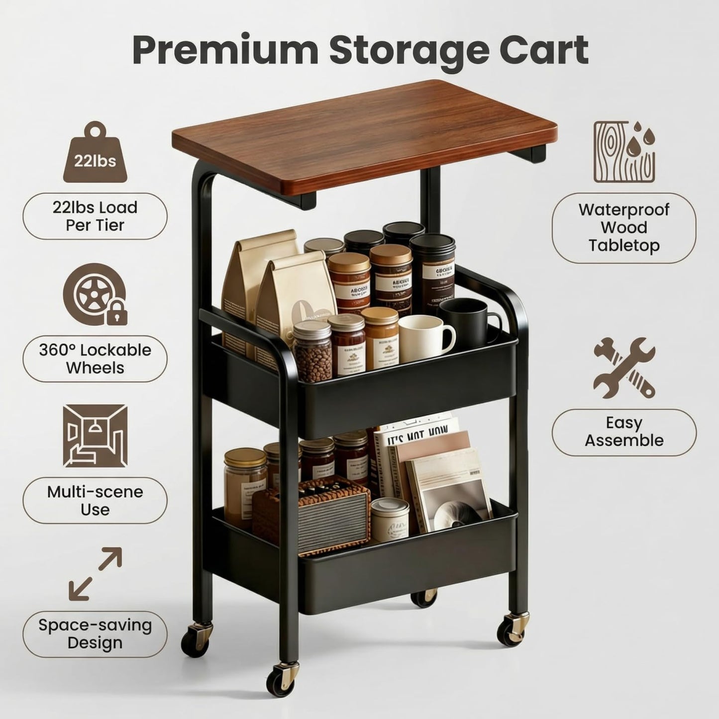 3 Tier Metal Rolling Utility Cart Organizer with Walnut Table Top, Stable and Sturdy Rolling Storage Carts with 2 Lockable Wheels for Kitchen