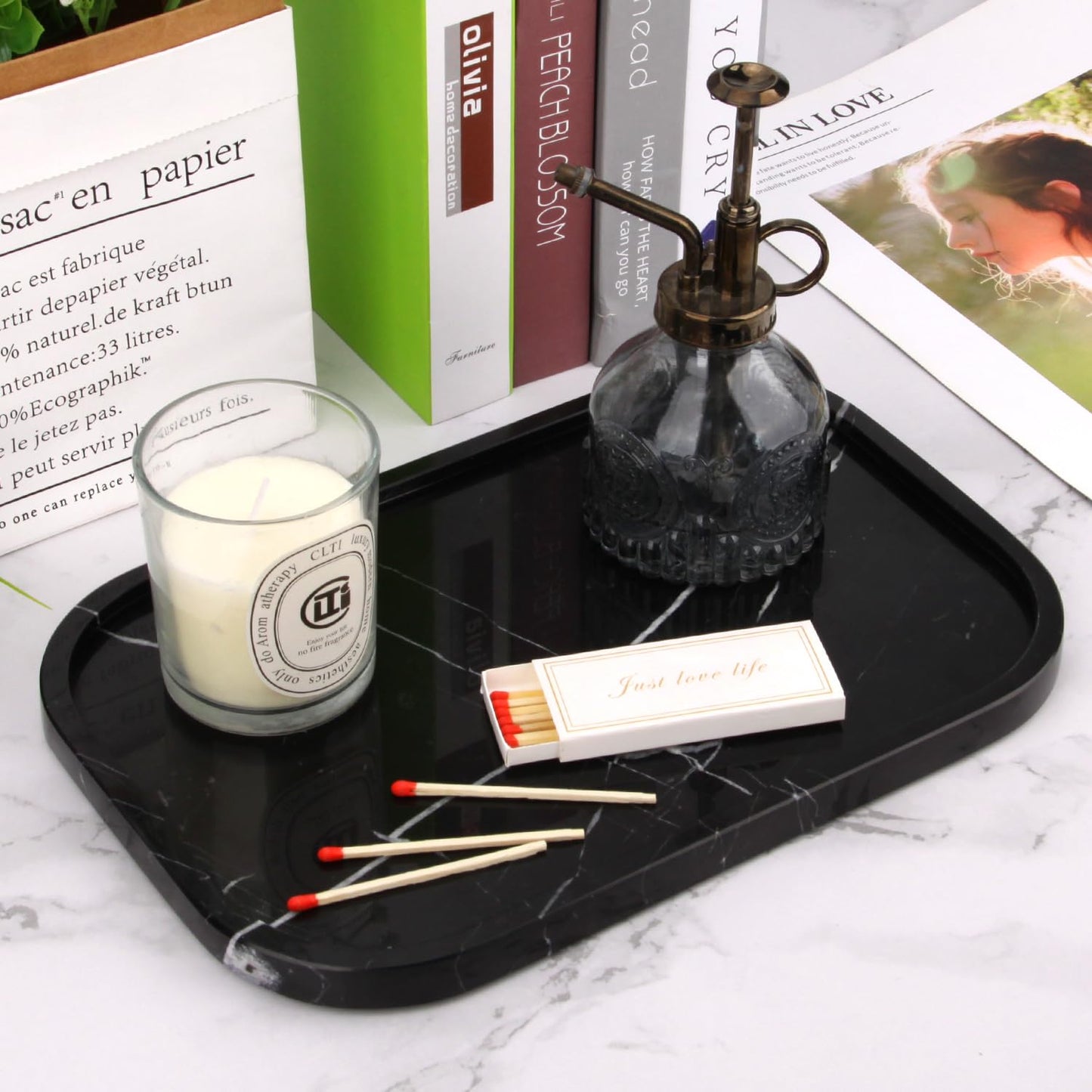 Marble Bathroom Vanity Tray, Black Marquina, 30 x 20 x 1.8cm