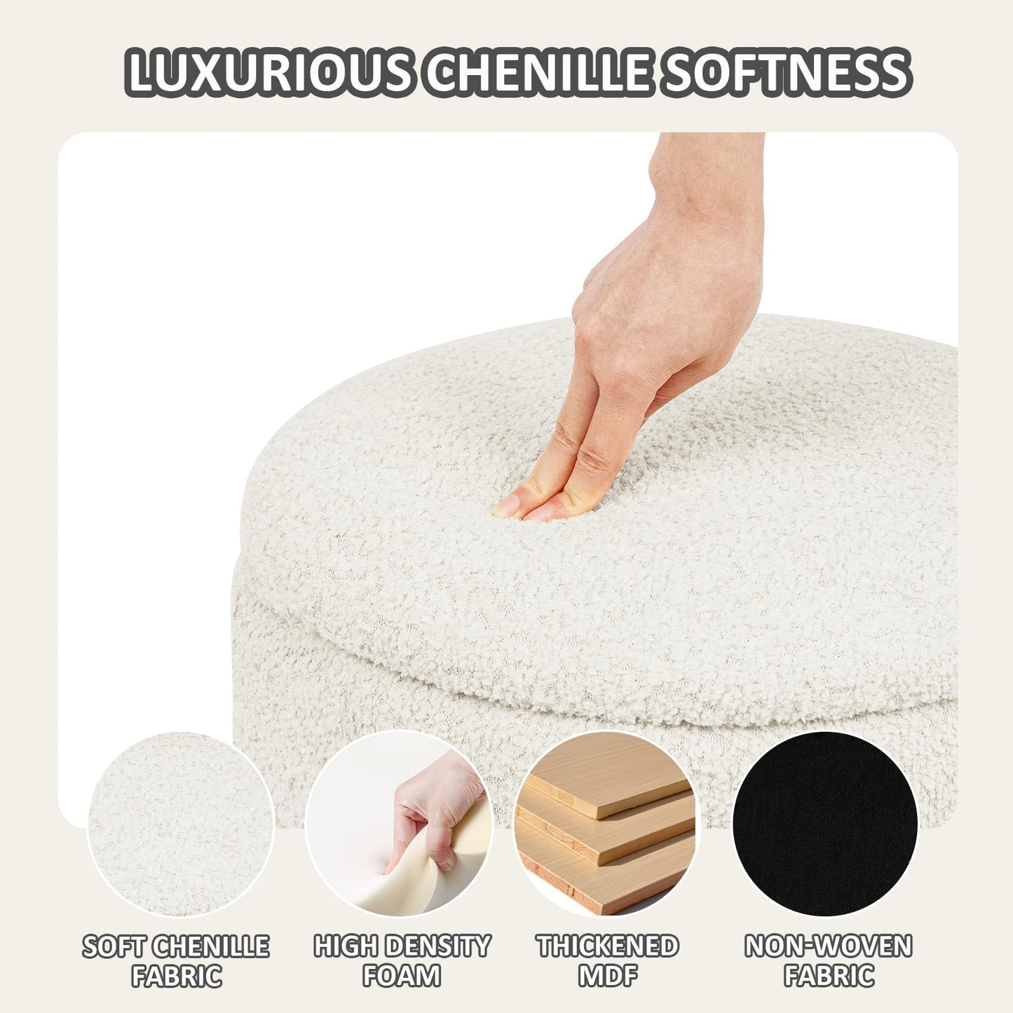 PINPLUS Round Chenille Storage Ottoman, Tray Top, 39x39x37 cm, Cream White