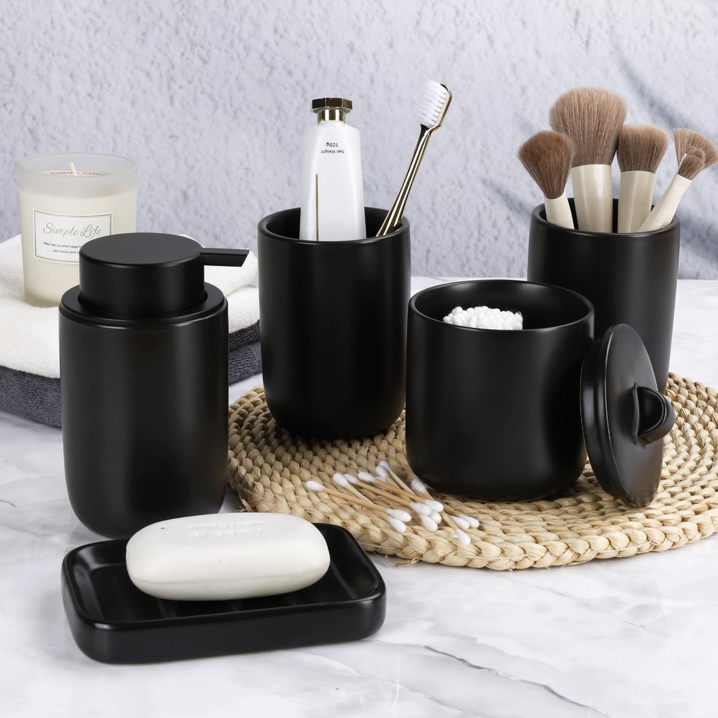 BosilunLife 4 pcs Ceramic Bathroom Accessories Set - Black Bathroom Counter Soap Set, Foam Dispenser, Soap Dish, Toothbrush Holder/Tumbler
