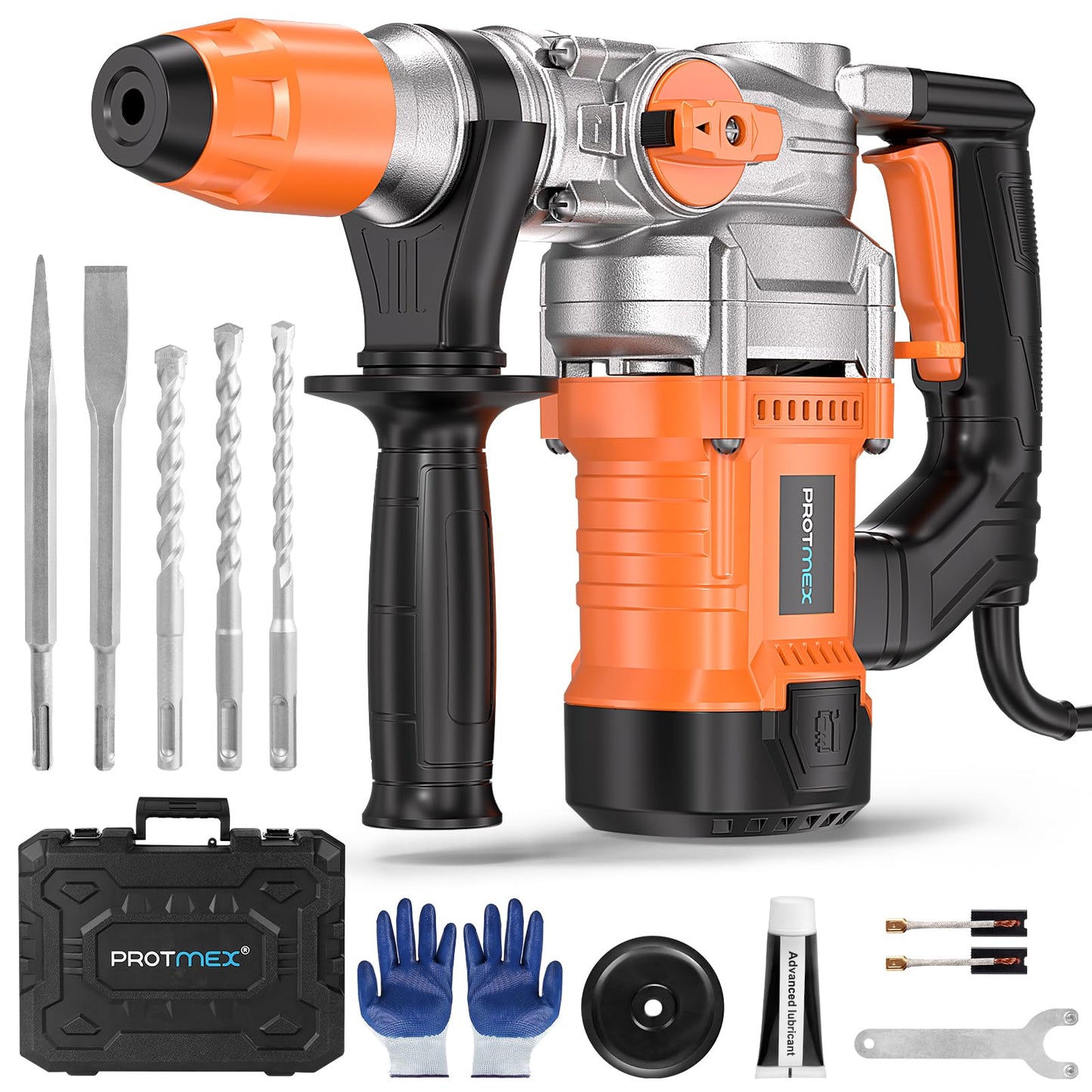 Protmex Hammer Drill - 1500W SDS Plus Heavy Duty Rotary Hammer Drills | 3 in 1 Function (Drill/Hammer/Chisel) 1-1/4" Concrete Drills with 5pcs Bits