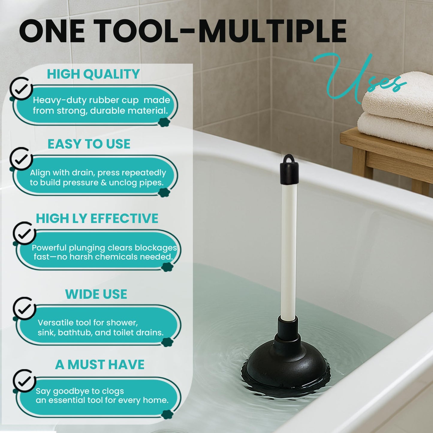 TIJAR® Plunger, Long Handle Plunger, Super Strong Durable Plunger for Kitchens and Bathrooms, Extreme Suction Sink Plunger Opener Bathtub, Shower