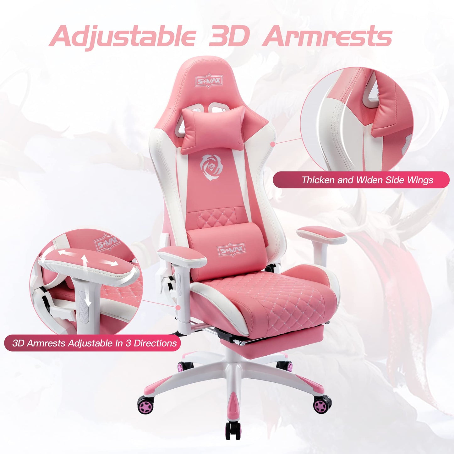 S*MAX Pink Gaming Chair with Footrest Thicken Seat Ergonomic Gaming Chairs with 3D Armrest PU Leather Headrest and Lumbar Support Racing Style High