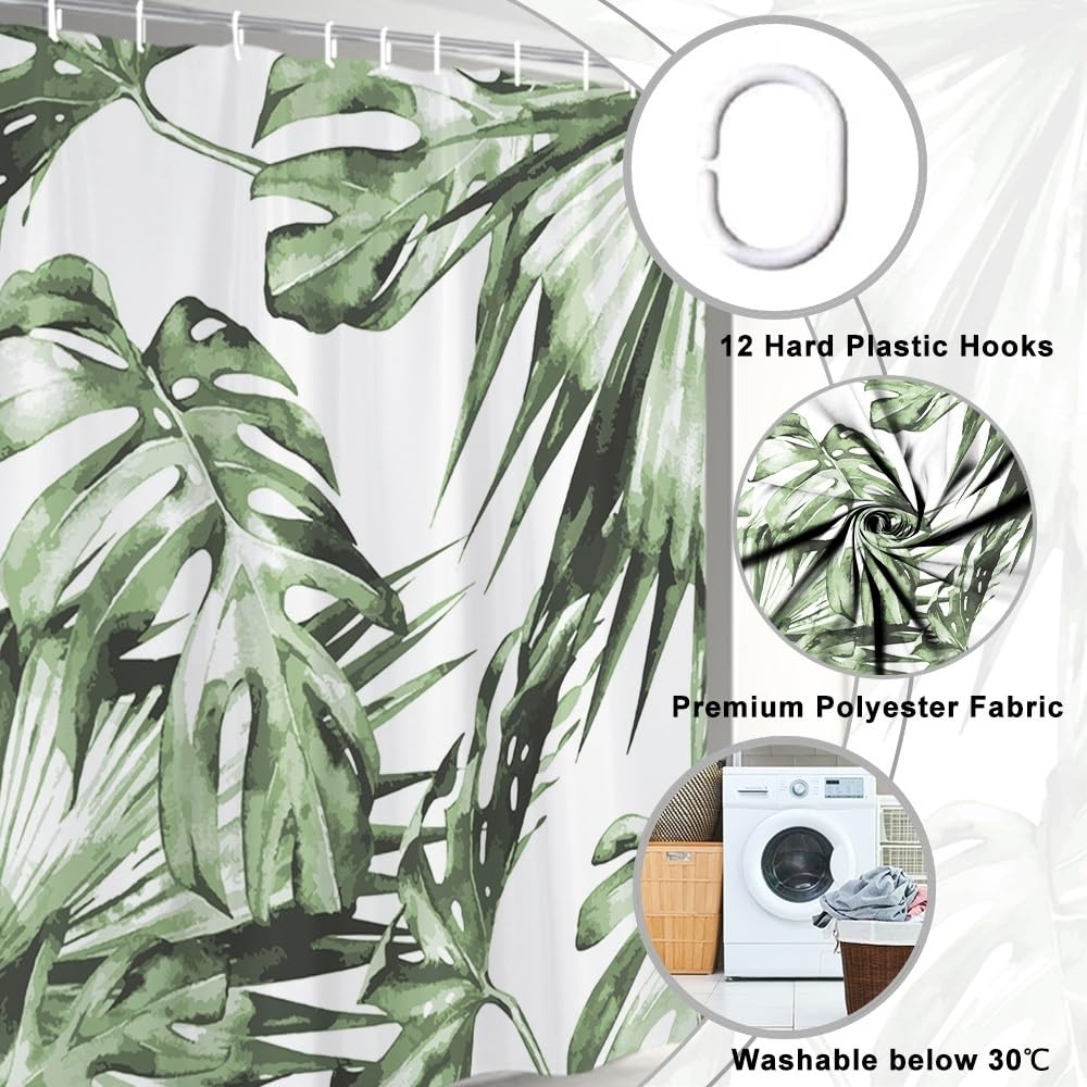 Uiiooazy Anti-Mould Shower Curtain, 180 x 180 cm Tropical Green Palm Leaves Jungle Bath Curtains Washable Fabric Waterproof Polyester Bathroom