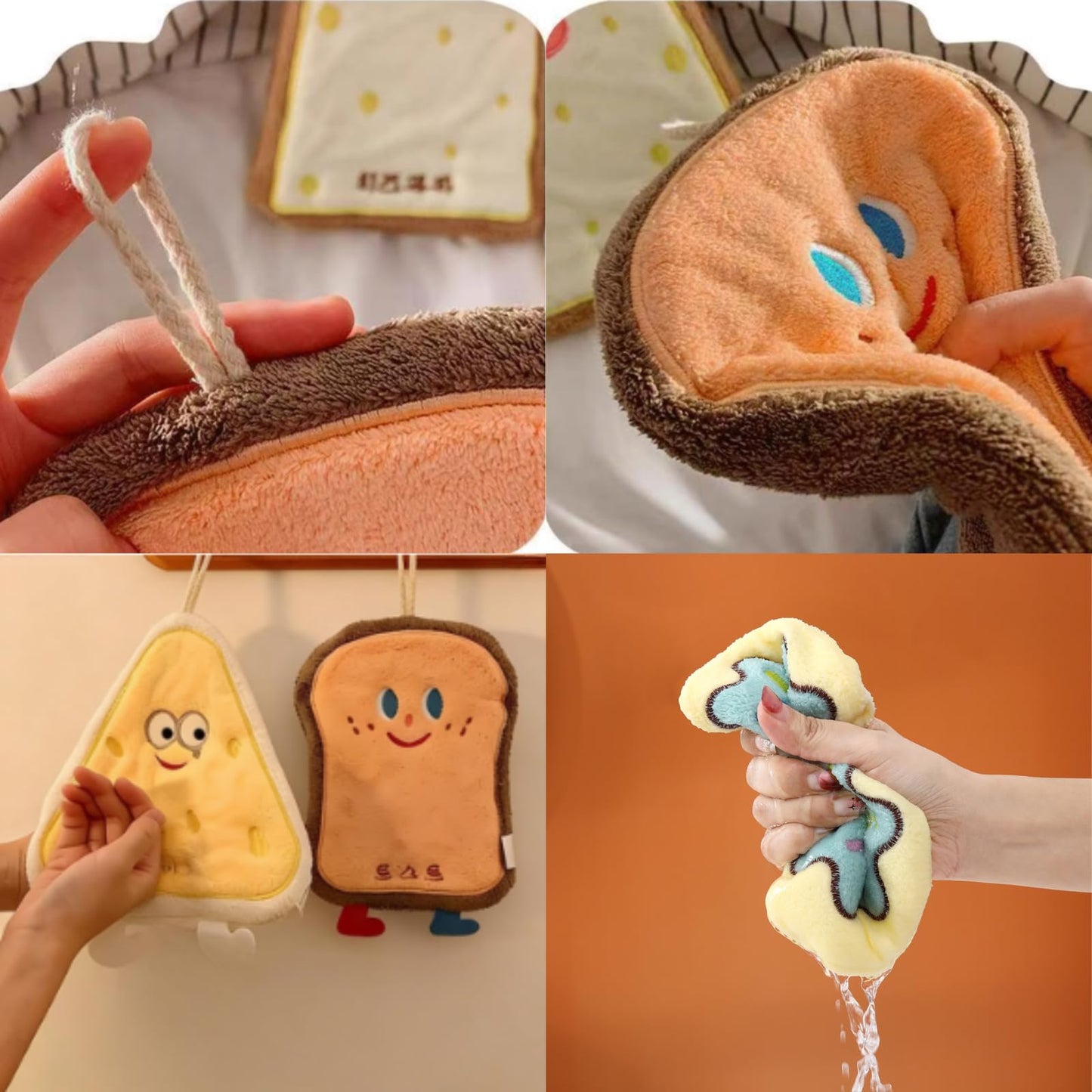 RevpoltIQ 4 Pcs Cute Hanging Hand Towels, Food Shape Cheese Toast Doughnuts Cracker with Cartoon Faces