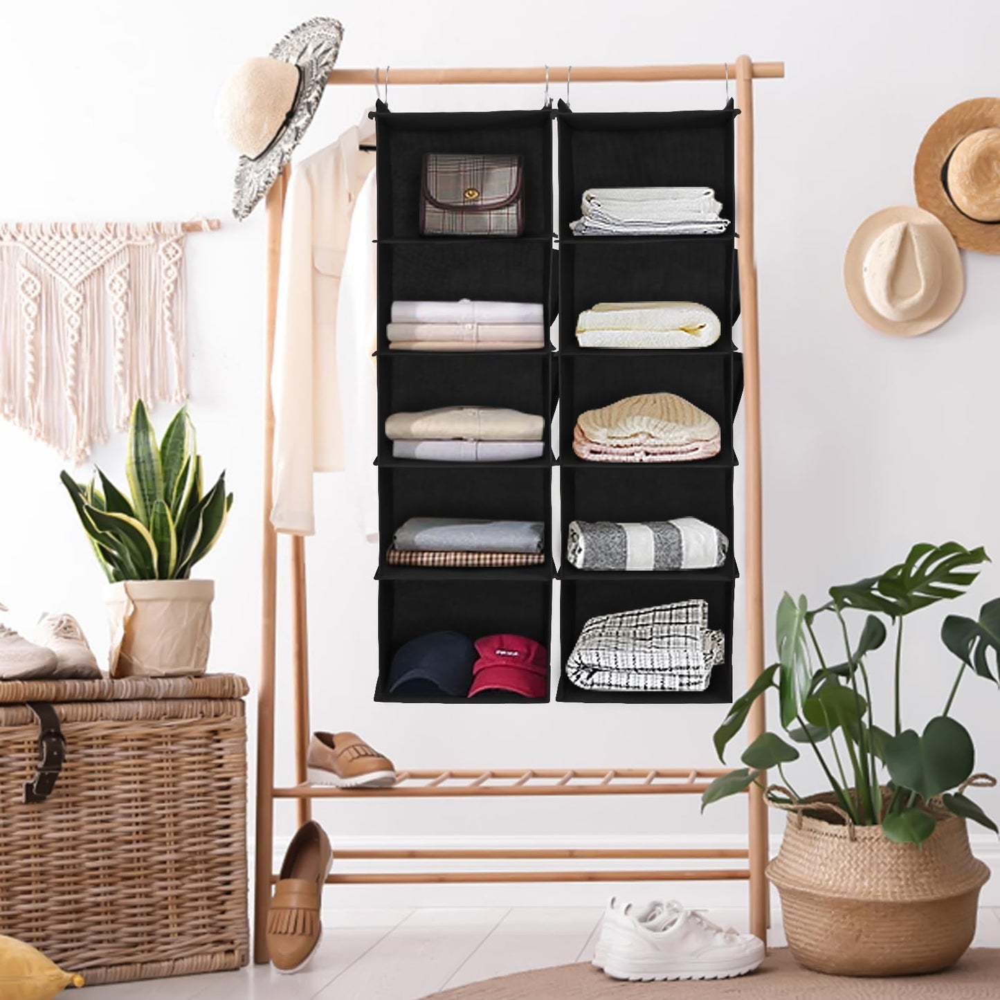 DPWEION Hanging Storage Shelves with 5 Shelves Foldable Hanging Wardrobe Closet Organiser Unit with 2 Side Pockets for Clothes Accessories for