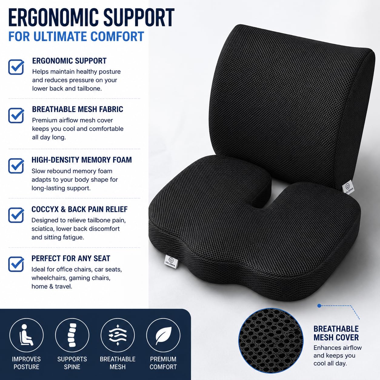 2-in-1 Memory Foam Seat Cushion & Lumbar Support Set | Office Chair Cushion for Back & Tailbone Relief