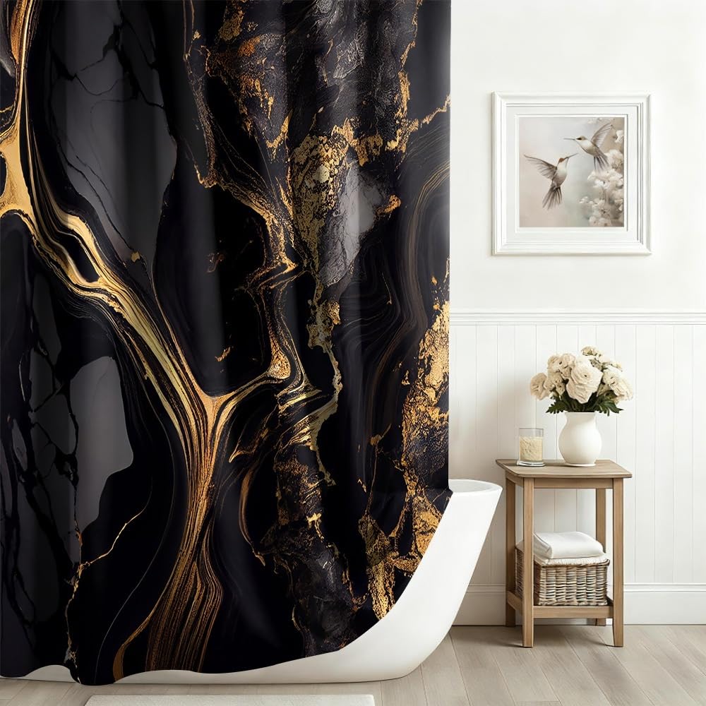 Xiaoterna Marble Shower Curtain Abstract Black Gold Marble Bathroom Curtain Gold Powder Sparkling Modern Luxury Marble Shower Curtain Machine