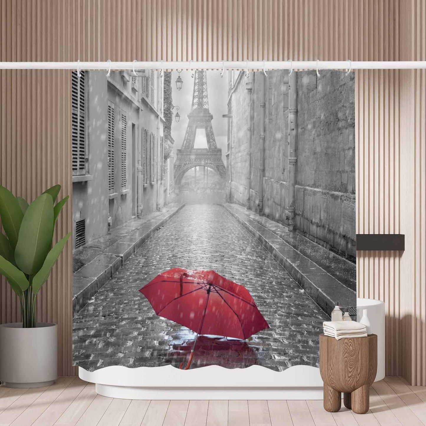 Woutay Shower Curtain Water Repellant Fabric Red Umbrella on The Streets of Paris,Mould Proof Resistant,Polyester,with 12 Plastic Hooks