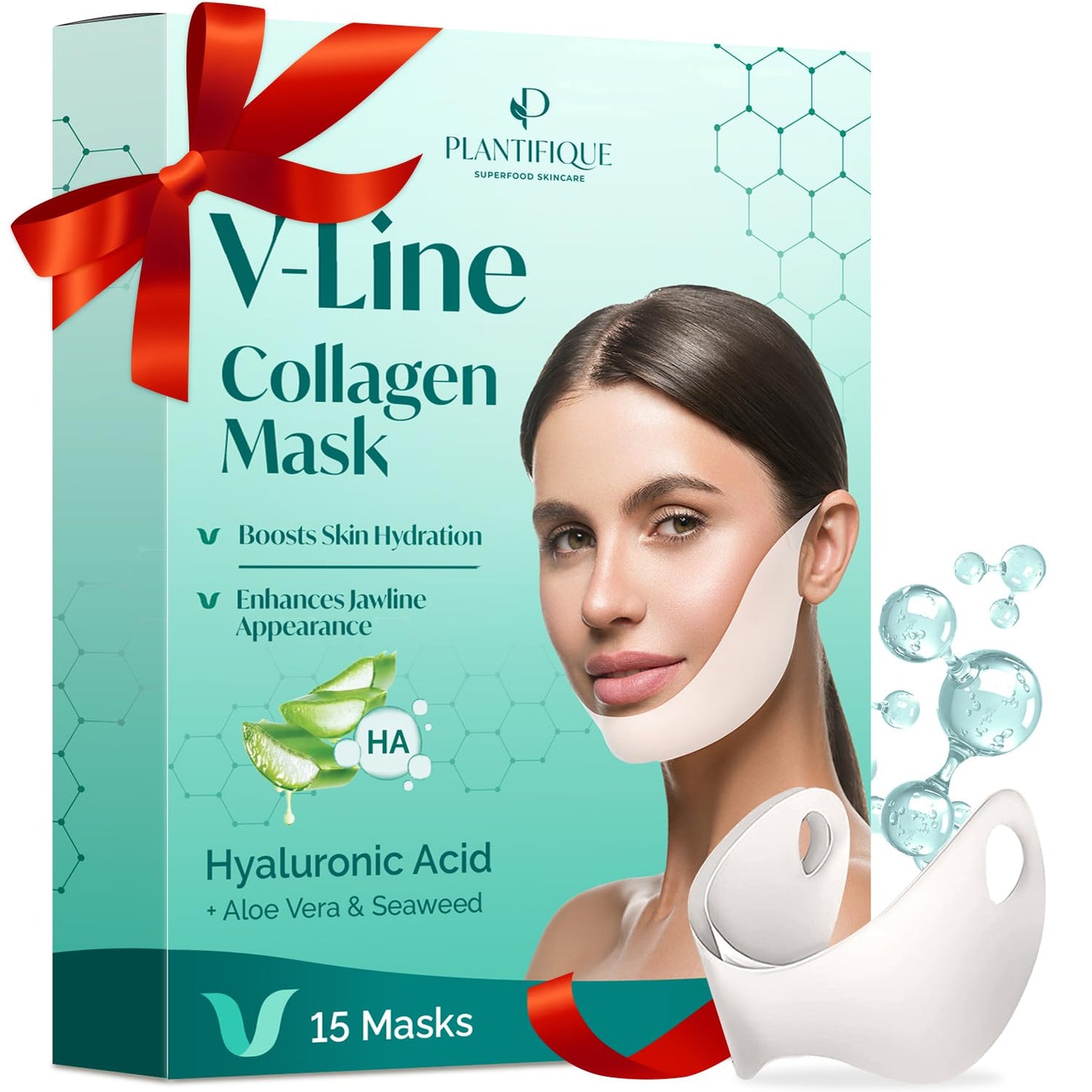 Plantifique Collagen Face Mask V-Line 15 Pcs for Skin Firming & Tightening, Double Chin & Jawline Lifting