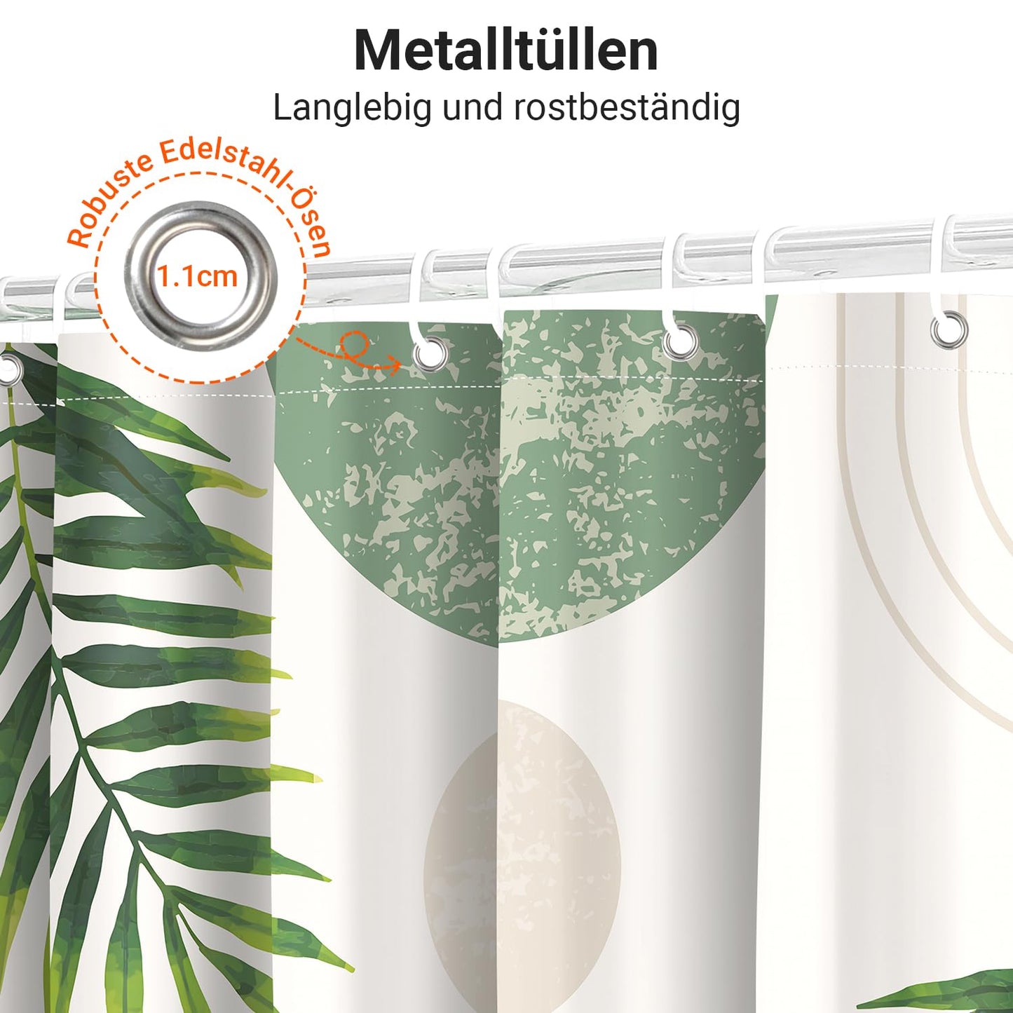 Lerores Shower Curtain, 160 x 160 cm, Green Leaves Line, Weighted Hem, Anti-Mould Textile, Water-Repellent