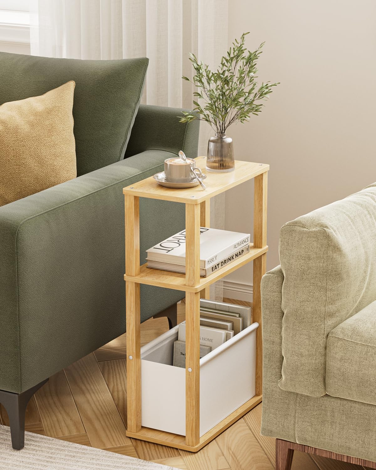 Apetaccat Narrow Side Table for Small Spaces, Slim End Table with Storage Basket, Small Bedside Table for Bedroom