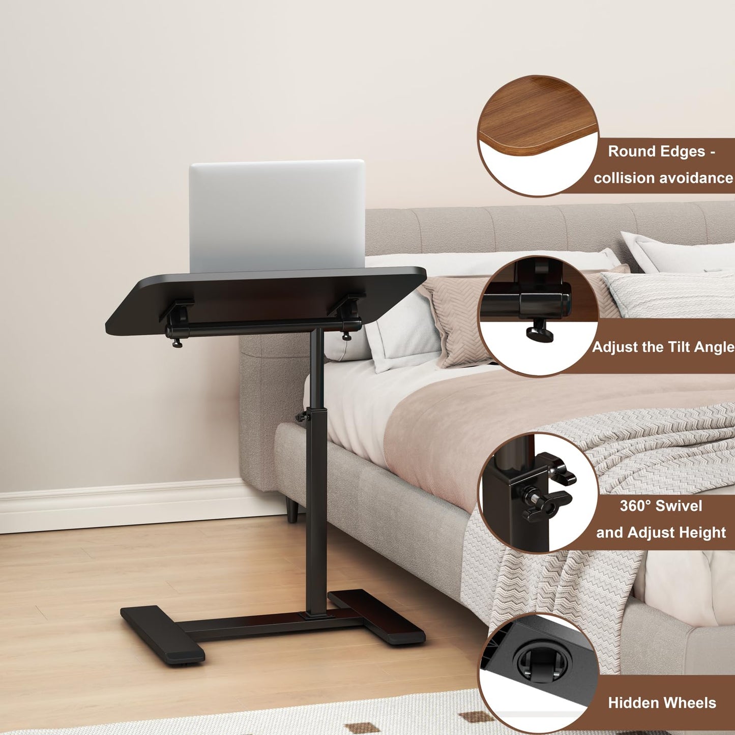 Adjustable Height C Shaped Side Table,360°Swivel Overbed Table,Top Tilting Laptop Stand Tray Tables with Wheels,Mobile Couch End Tables that Slide