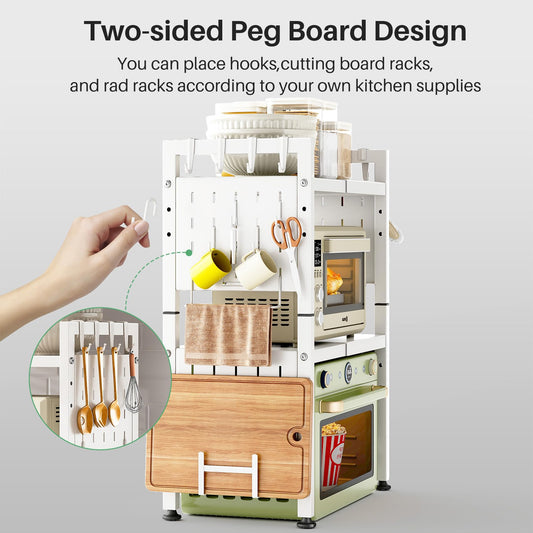 SAYZH Expandable 3 Tier White Metal Microwave Shelf, 17.4-27.4 Inch Adjustable Kitchen Counter Organizer with 10 Hooks/Cutting Board Holder/Rag Rack