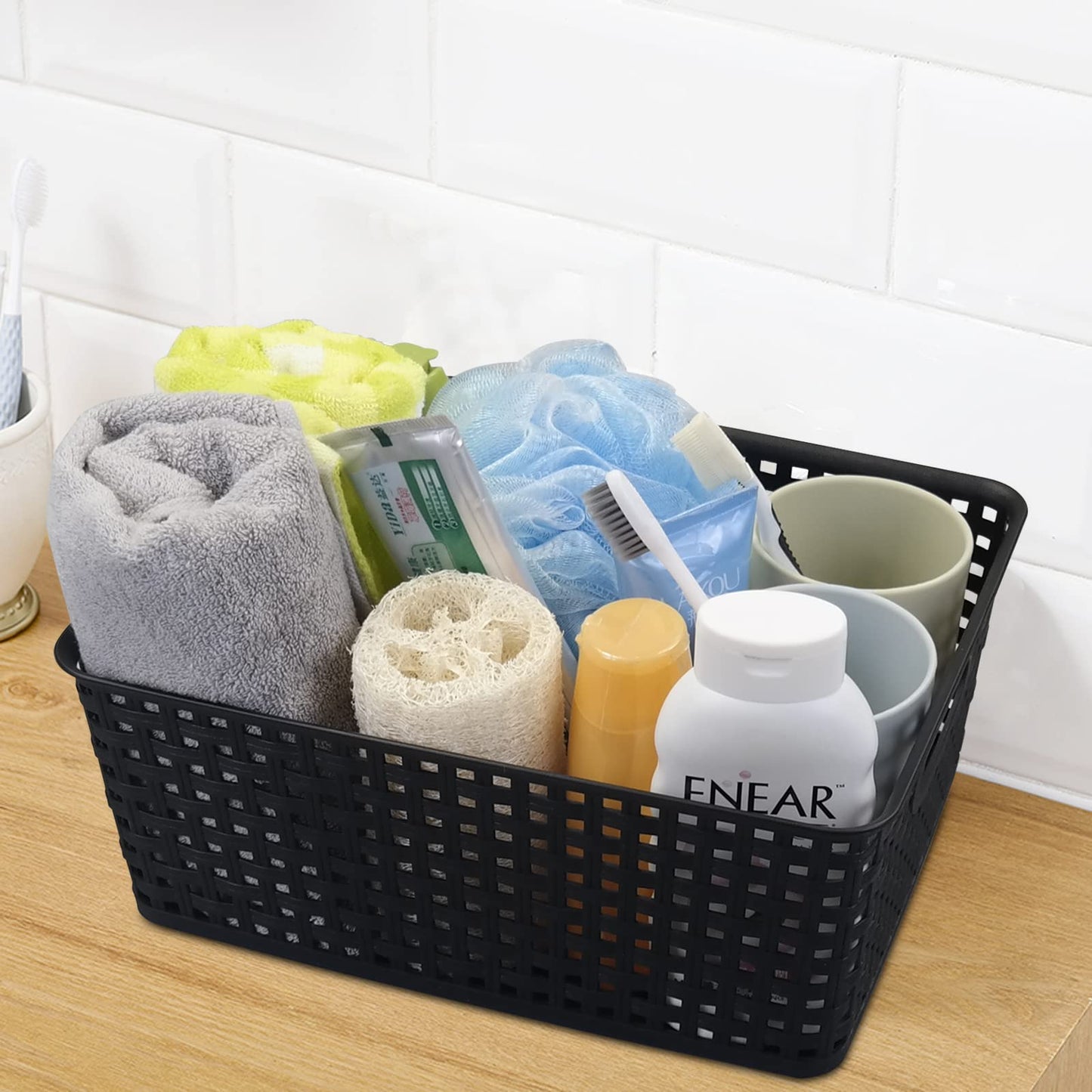 Morcte Plastic Weave Shelf Basket, 4-Pack Plastic Baskets Organizer, Black