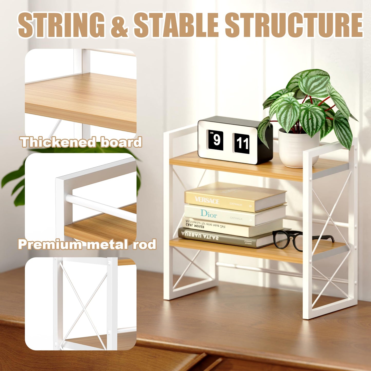 Alytree Desk Shelf Organizer, Wood Desktop Bookshelf Supplies Storage Rack, Shelf for Living Room, Bedroom, Kitchen and Office, White