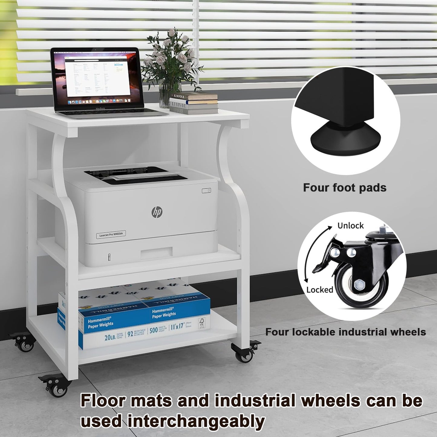 PUNCIA 3-Tier Movable Printer Stand Table with Storage for Home Office