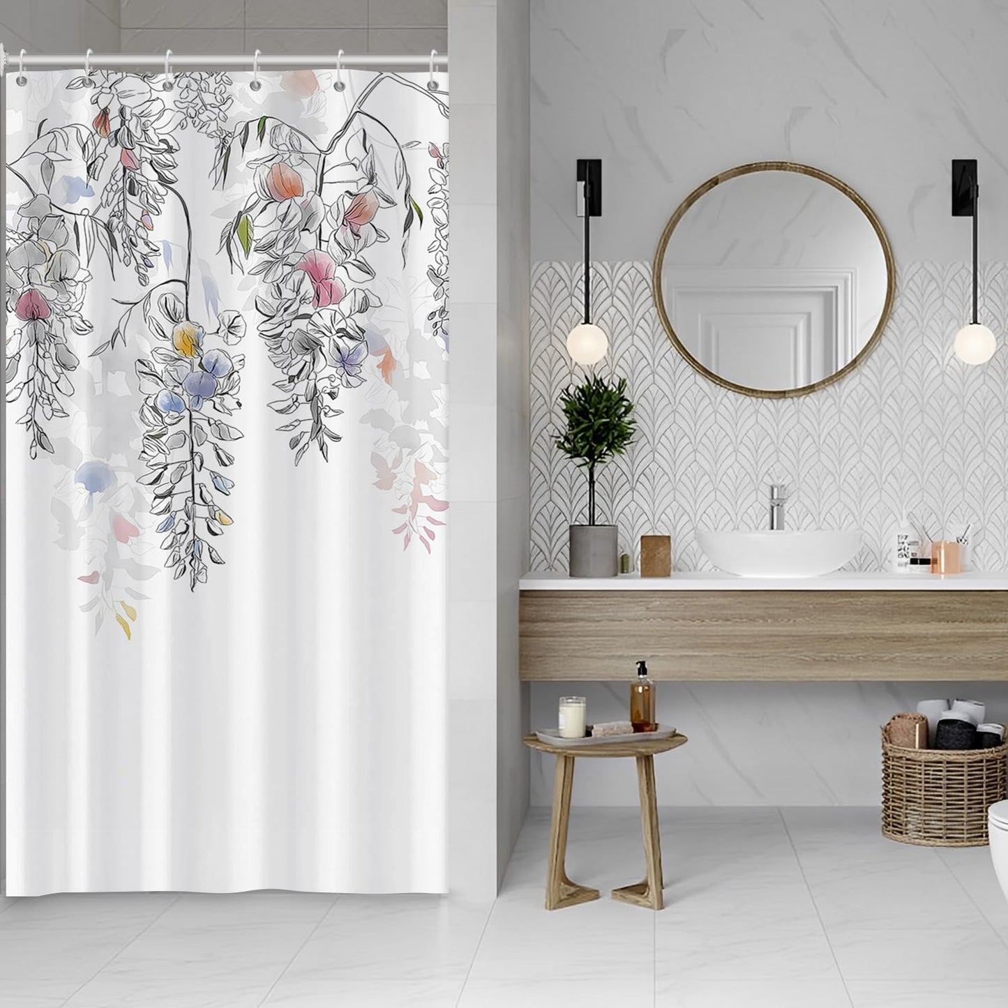 ASDCXZ Leaves Shower Curtain 90x180 cm, Spring Watercolor Colorful Flower Leaves Plants Bath Washable Narrow Shower Curtains Polyester Textile