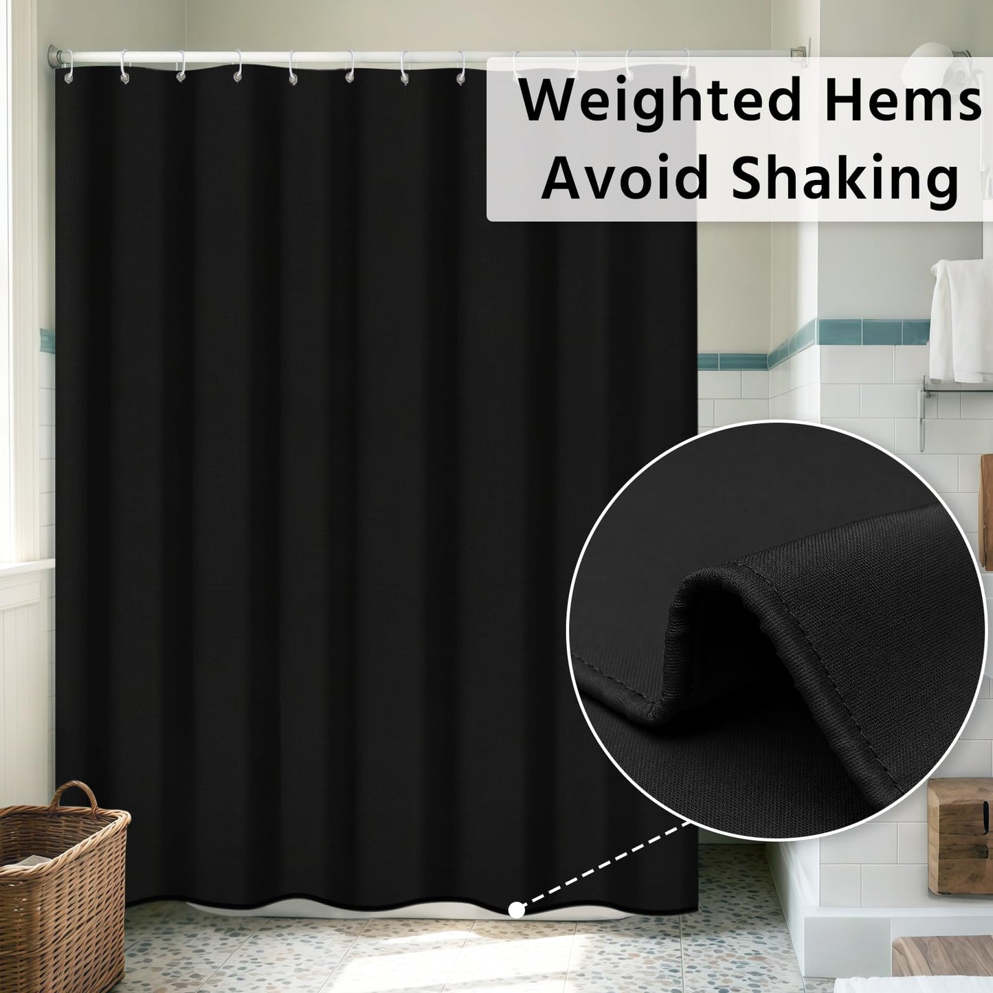 FAVORTALK Black Shower Curtains Waterproof Polyester Fabric Shower Curtain Mould Proof Mildew Resistant 180x180cm Solid Bathroom Curtain Set with 12