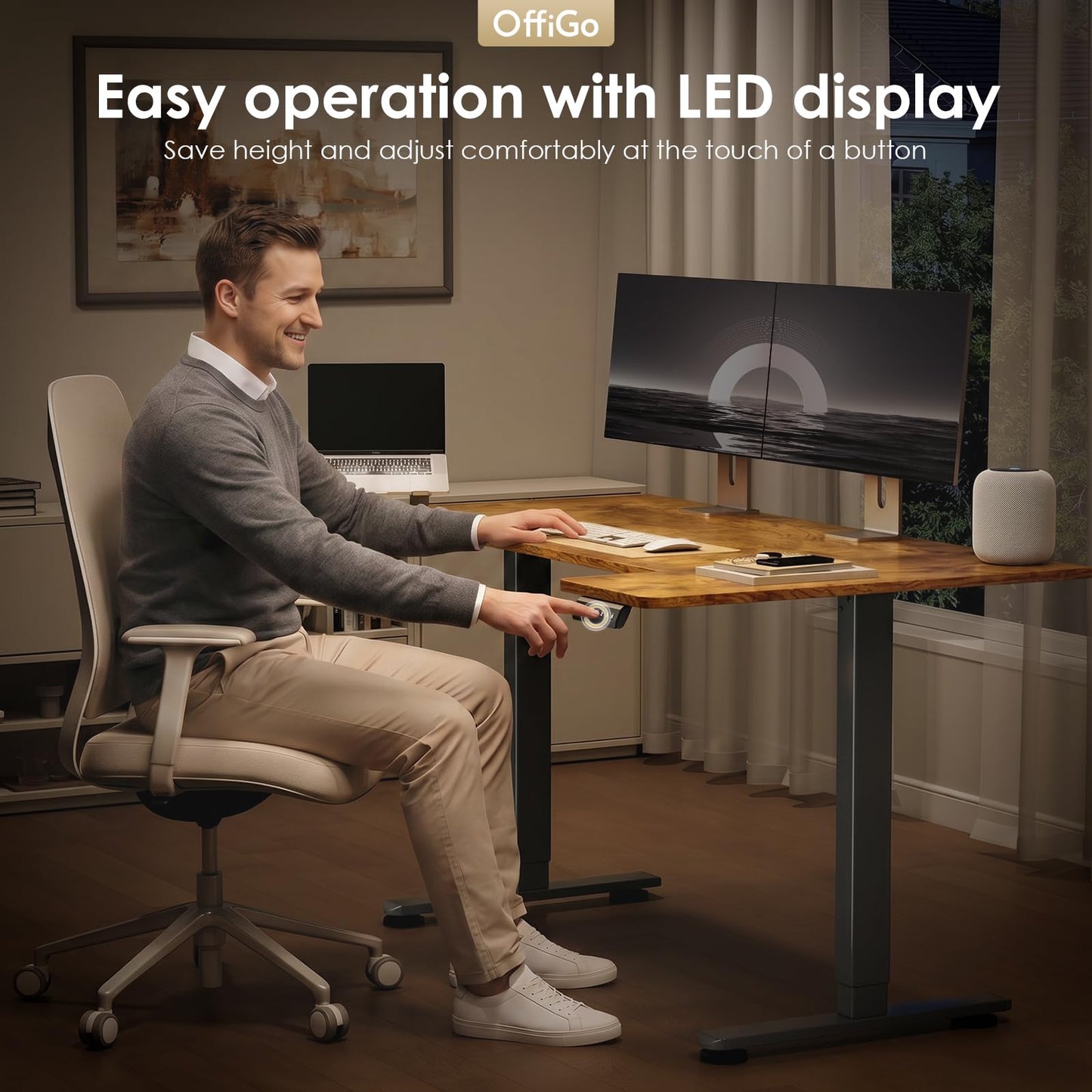 OffiGo Height Adjustable Desk, U Shaped Standing Desk with 3 Memory Presets