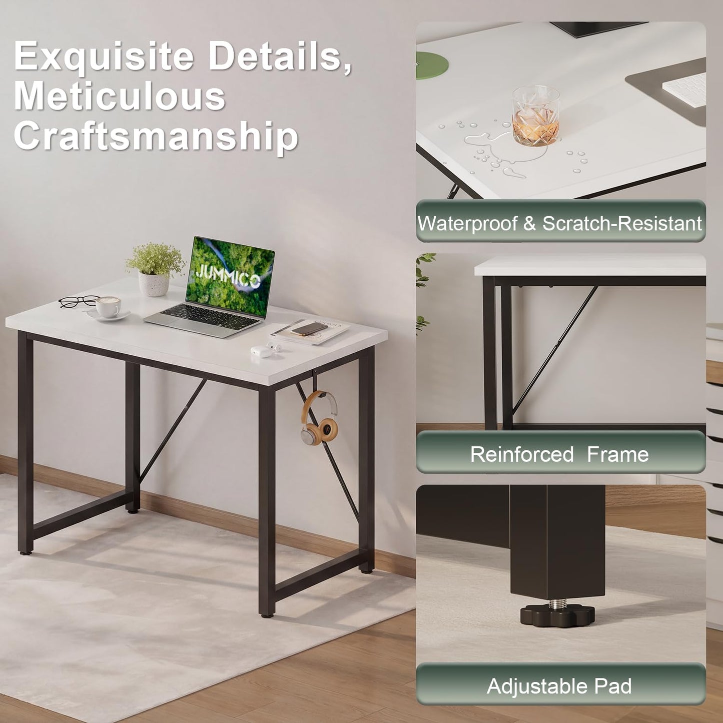 JUMMICO Computer Desk Table Workstation 80 x 50 x 75 cm for Office Living Room Bedroom Simple Assembly Industrial Design Black Desk Metal Frame,White