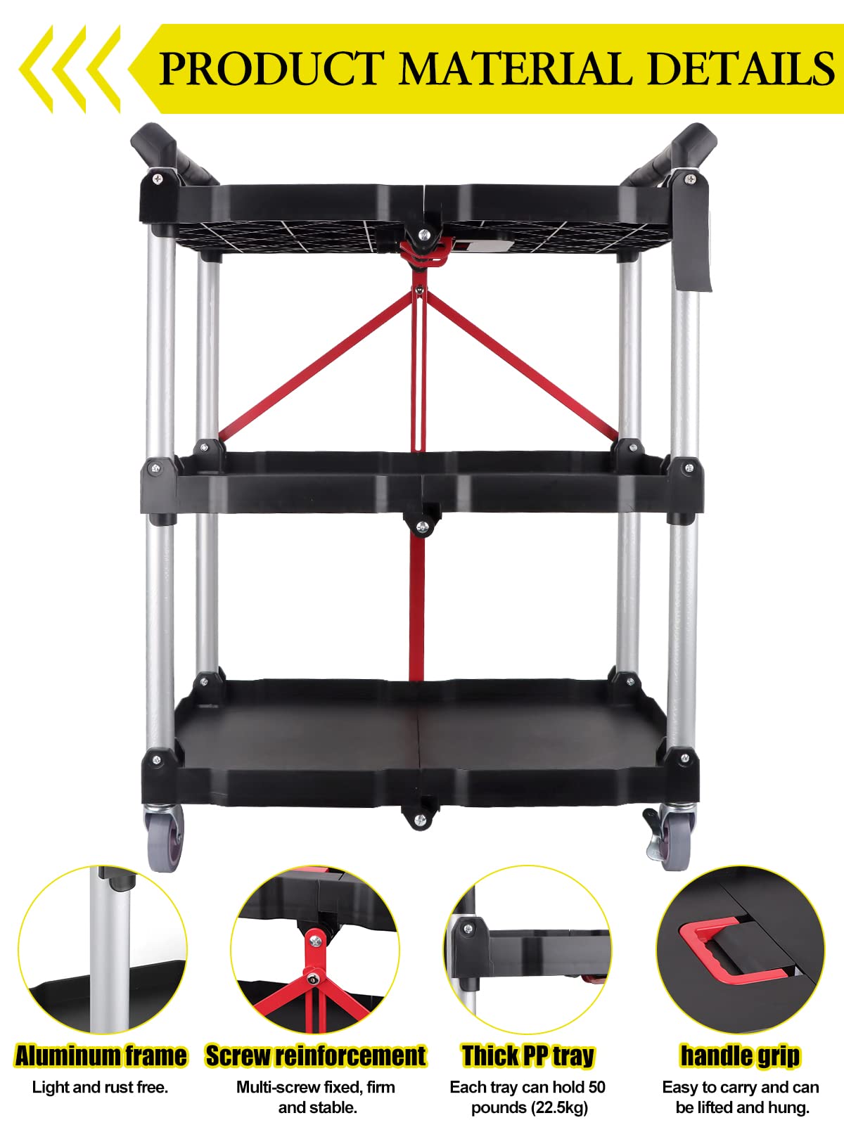 EBANKU 3-Tier Service Carts with Wheels, Foldable Rolling Cart with Locking Wheels Heavy Duty Kitchen Storage Shelves Garage Shelving Unit for