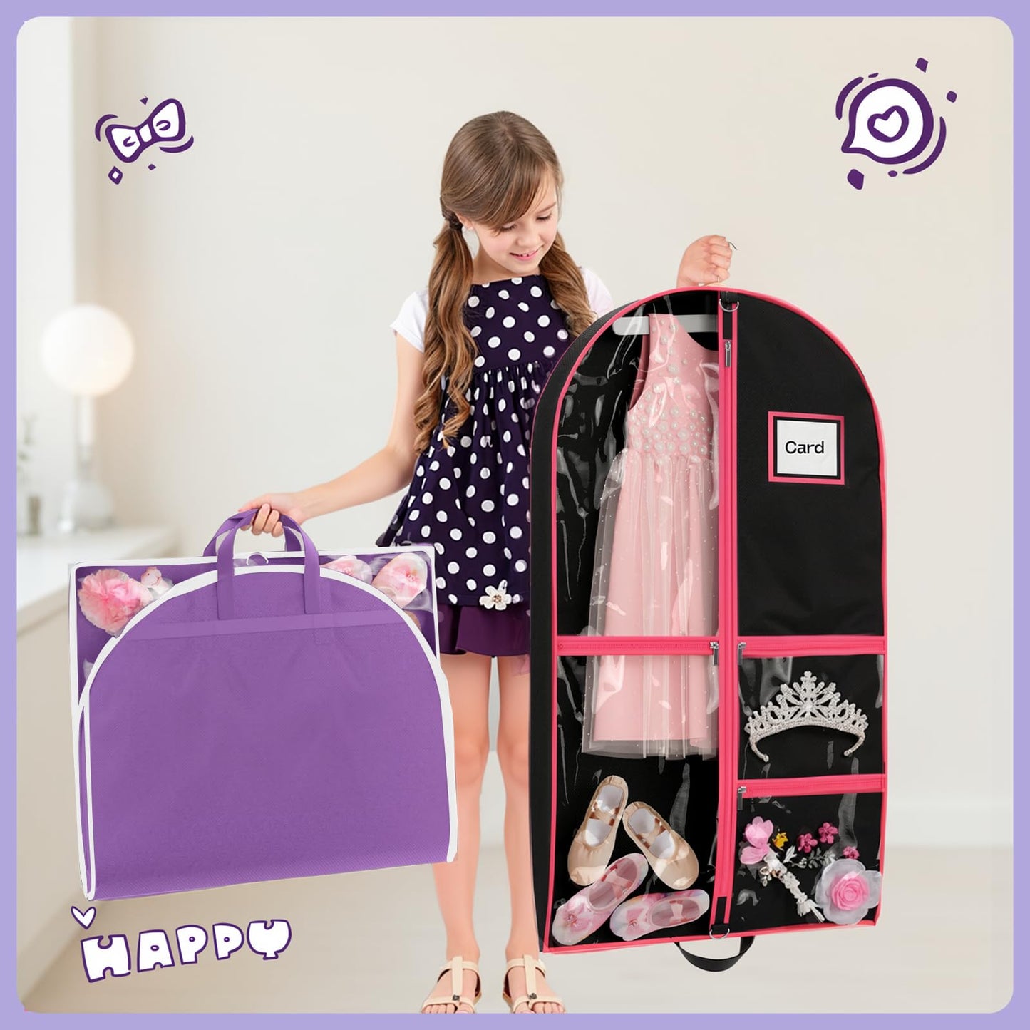 Costume Garment Bags for Dancers, Garment Bags with 3 Clear Zipper Pockets, Clothes Covers Protector Bags for Suits, Travel & Sports Jersey