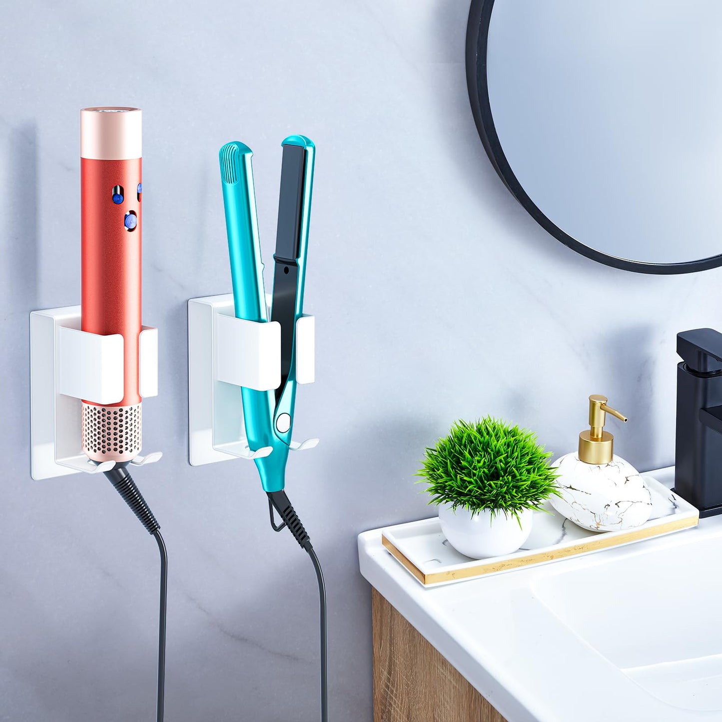 YYBO Hair Dryer Holders Wall Mount, Hair Straightener Holder for Curling Irons Styler Attachment, Hairdryer and Straightener Holder