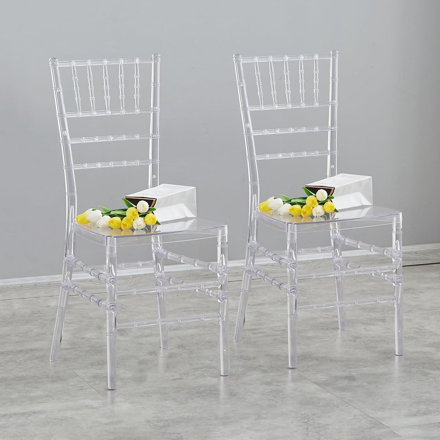 BOOSDEN Clear Chiavari Chairs 2 Pack, Transparent Acrylic Plastic Chair, Accent Armless Dining Chairs, Sturdy Chiavari Chair for Kitchen, Party,