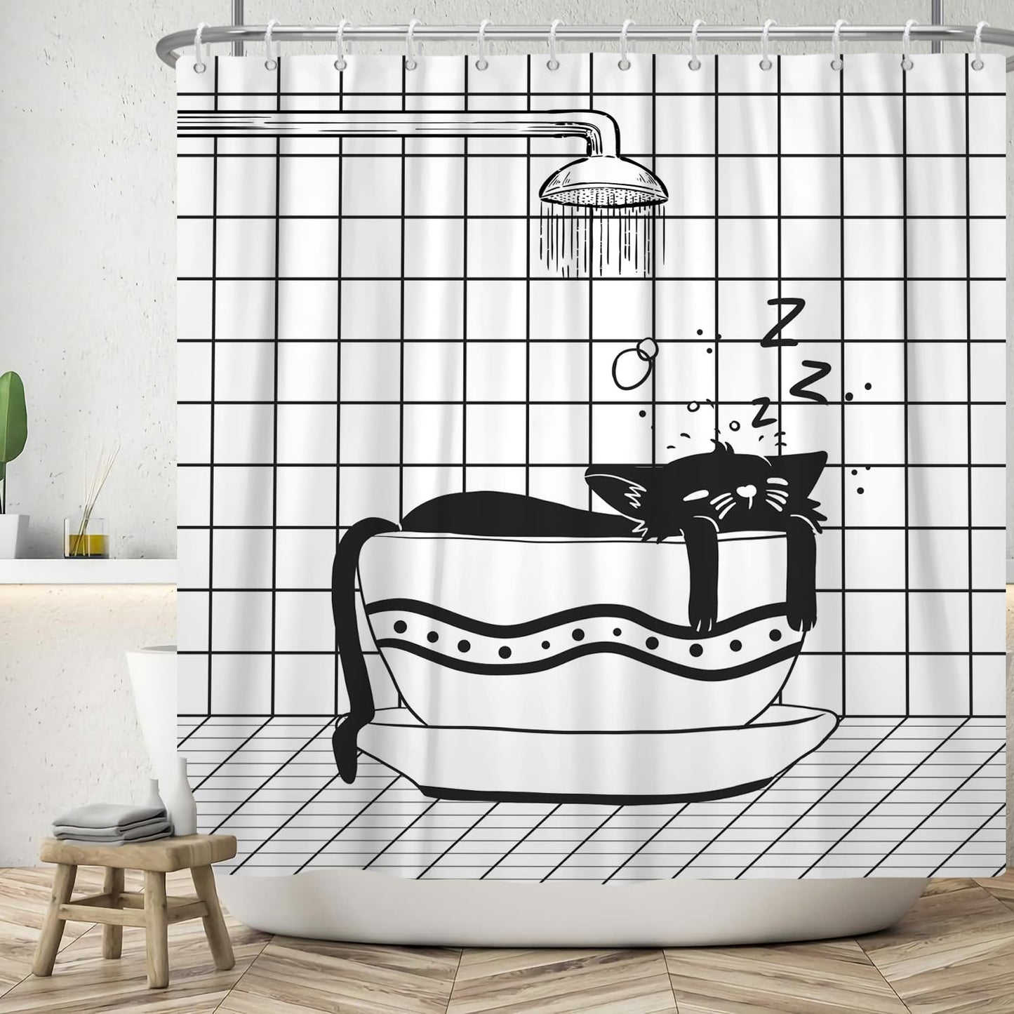 ASDCXZ Funny Shower Curtain 180x180 cm, Modern Black White Bathroom Funny Cat Sleep Washable Bath Shower Curtains Polyester Textile Waterproof Shower