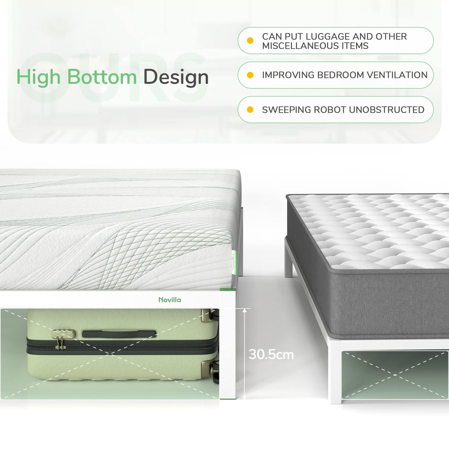 Novilla 30.5 cm Metal Bed Frame, 4FT Platform Bed Frame With Noise-cancelling Design, Engineered Wood Slat Support, Solid Support Leg, Easy Assembly