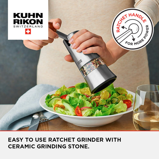 Kuhn Rikon Epicurean Ratchet Grinder for Salt, Pepper, Spices. Stainless Steel Spice Grinder (Coarse Fine). Black Pepper Grinder Mill. Salt Grinder