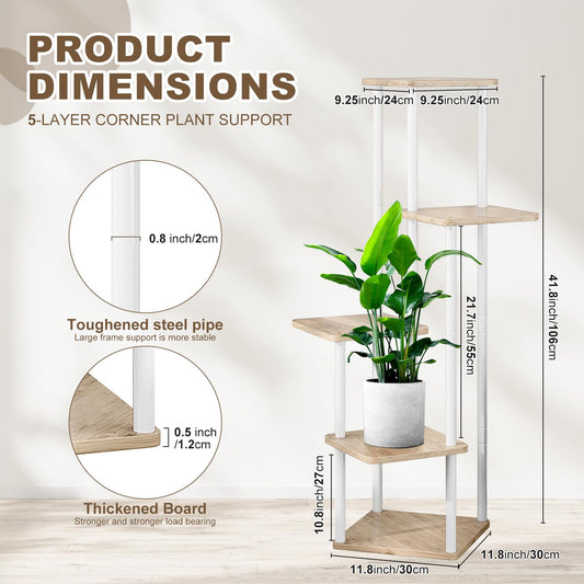 VASZOLA 5 Tier Wood Tall Plant Stand Metal Rack, Multiple Flower Pot Holder Shelves Corner Rack, Planter Shelf Display Rack Storage Organizer for