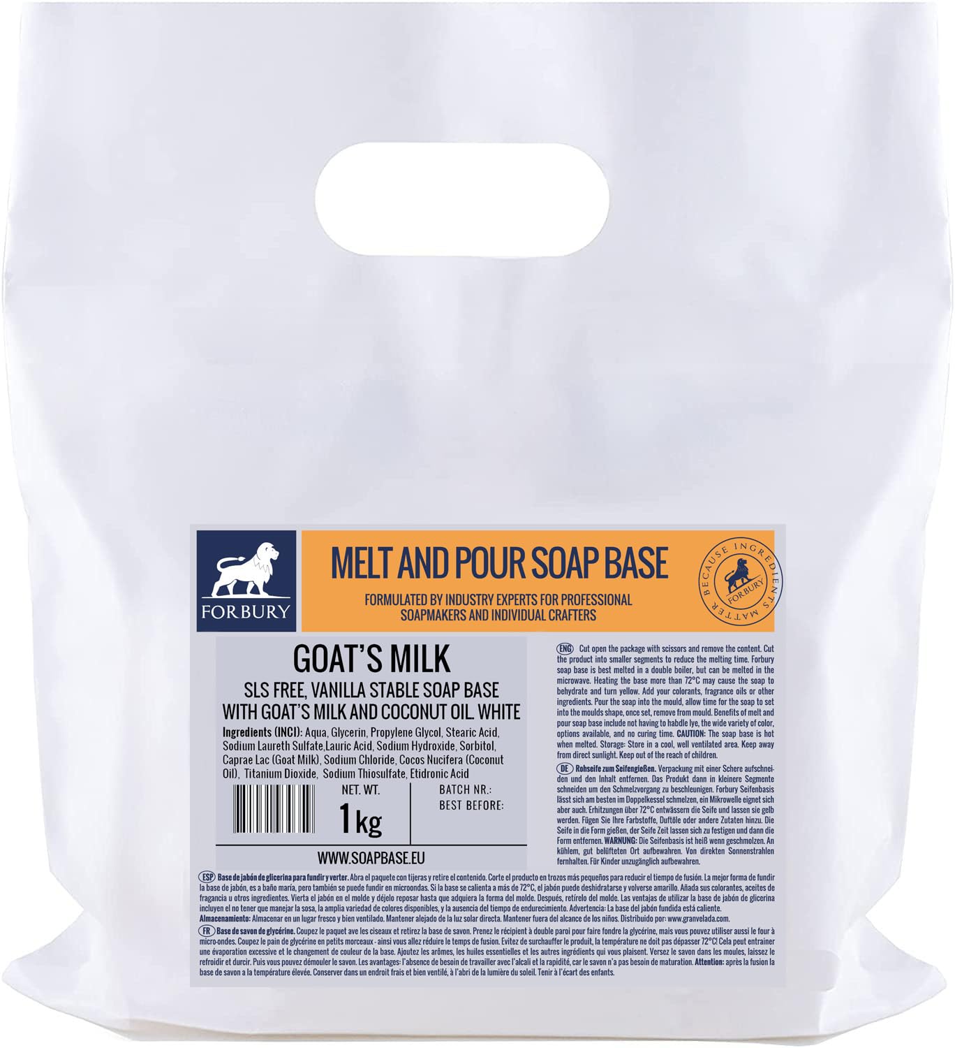Forbury Goat Milk Soap Base, Raw Soap 1 kg SLS-