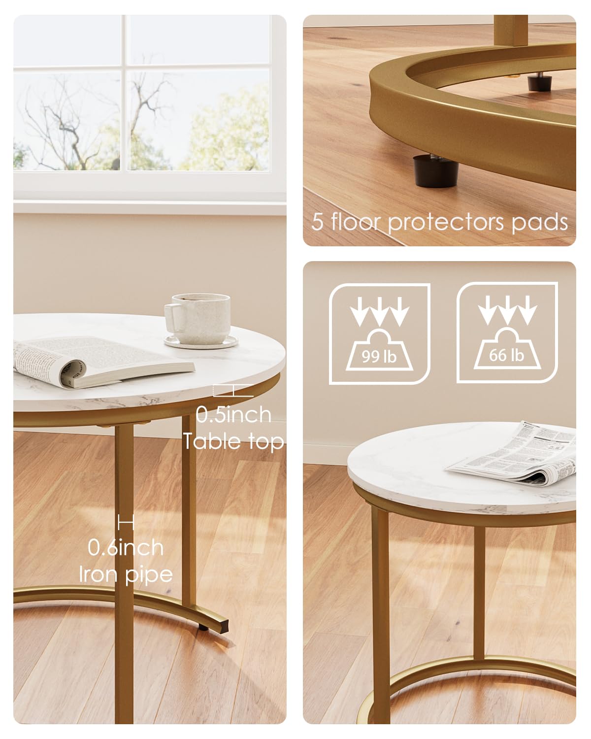 HEYZOEY Round Coffee Tables, Removable Set of 2 End Table, Nesting Table, Side Table with Gold Metal Frame Legs and Marble White Top for Living Room