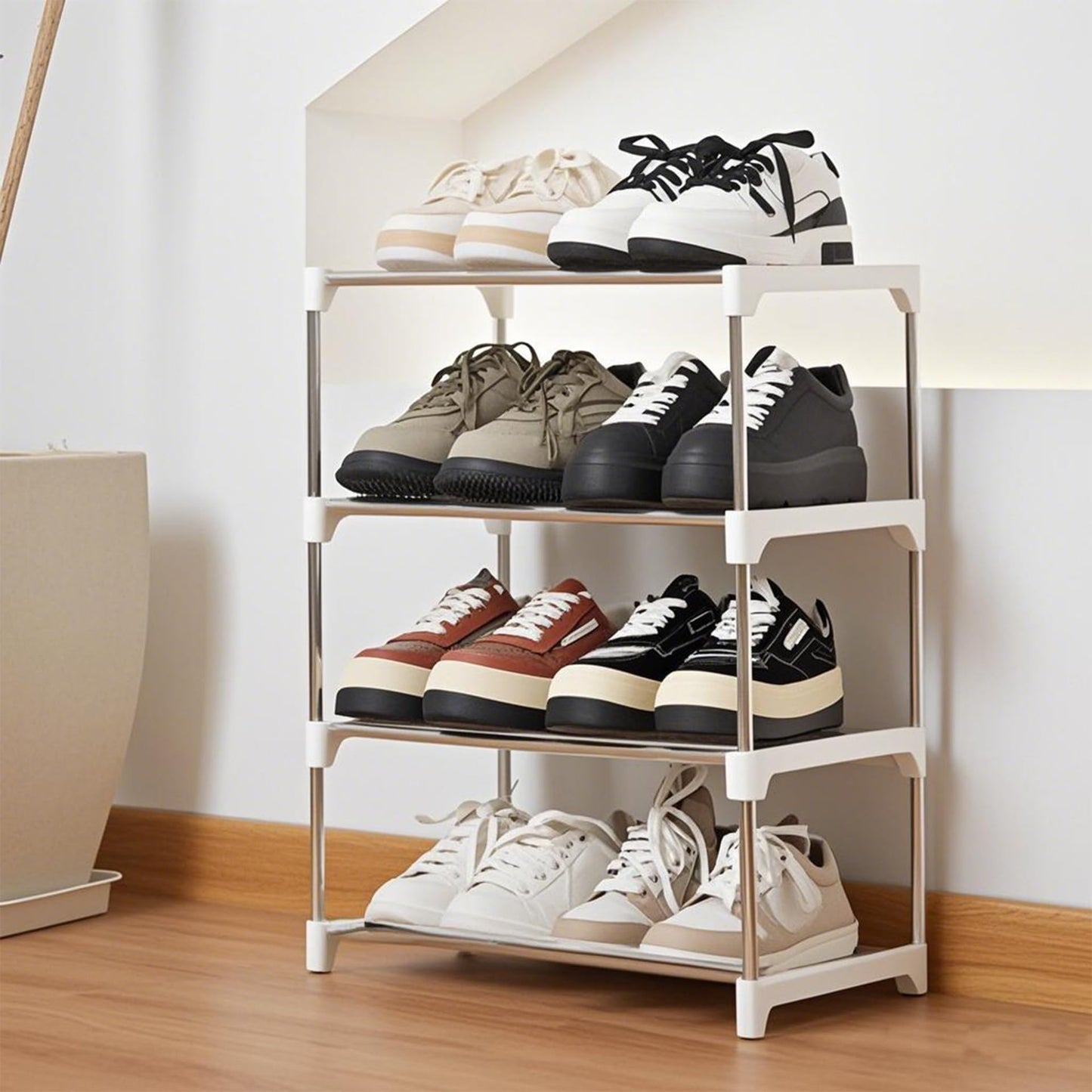 OLYREO White Small Shoe Rack 4 Tier Shoe Racks Storage for Hallway, Closet