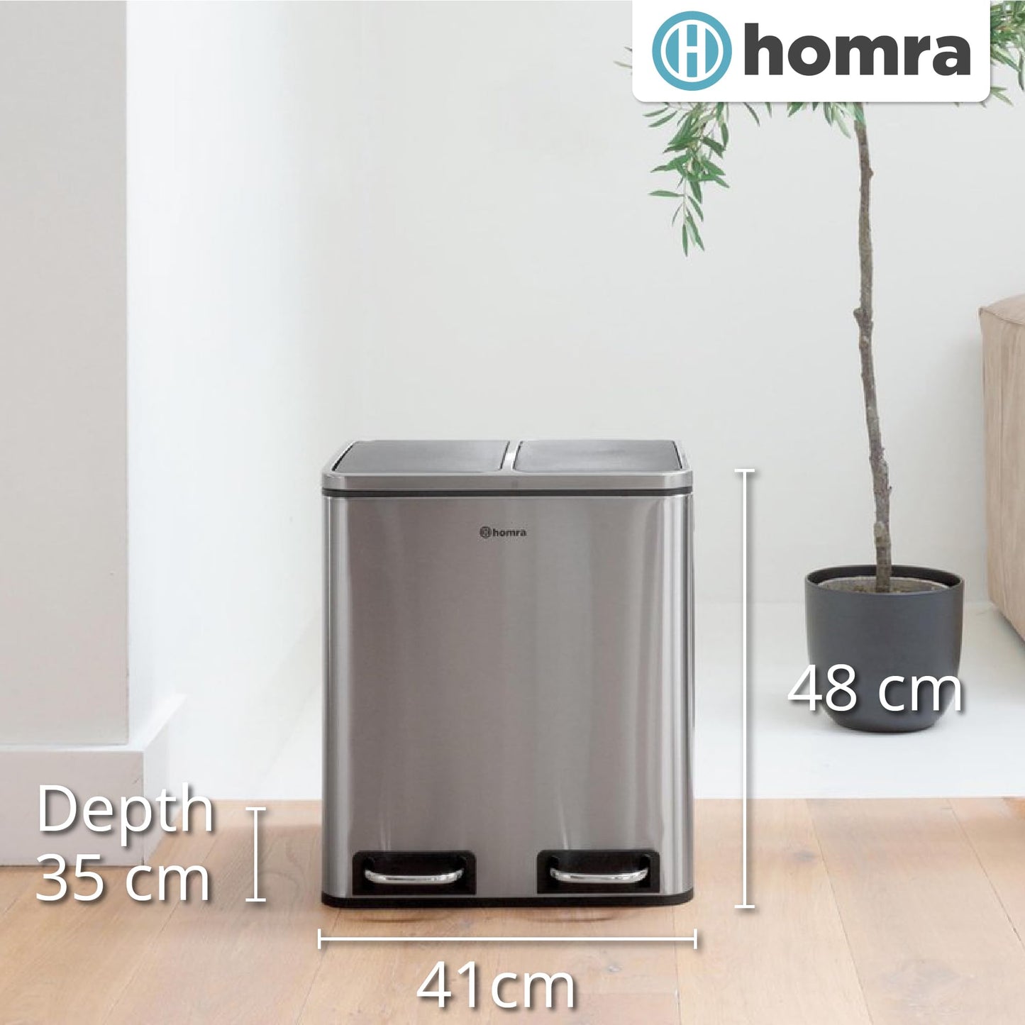 Homra Dual Kitchen Bin 30l Double Rubbish Bins 2x15l 2 Compartment Pedal System Twin Section Waste&Recycling Separation Soft Close Design