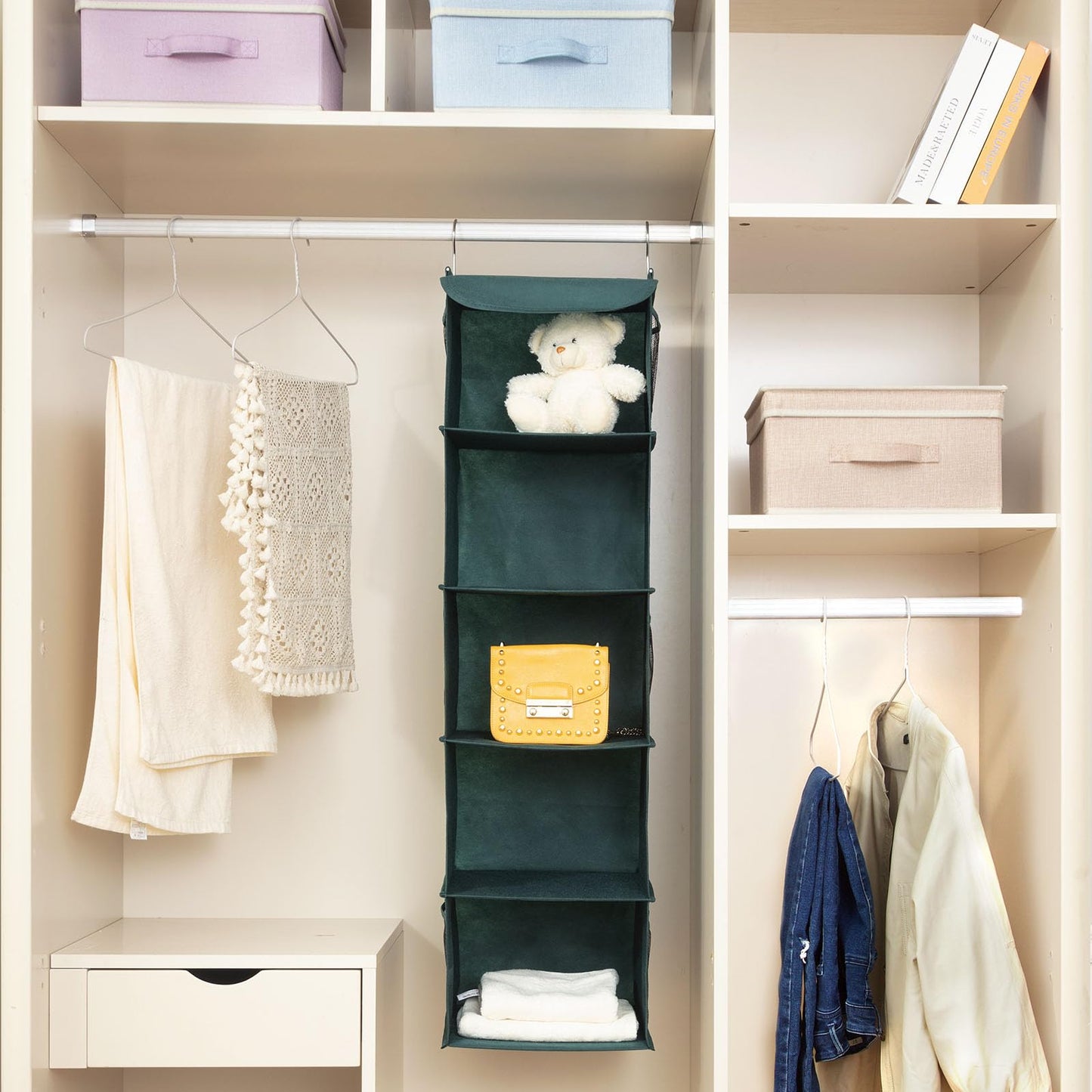 BrilliantJo Hanging Wardrobe Closet Organiser Storage with 5 Shelves, Storage hanging Shelves Unit with 6 Pockets for Clothes