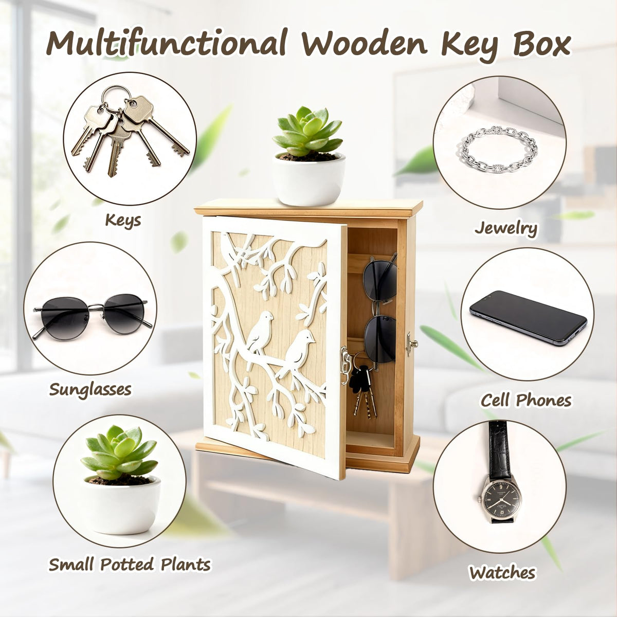 Wooden Key Cabinet, White Bird Wood Key Cupboard Wall Mounted Vintage Wooden Key Storage Box 26 × 20 × 6cm with 6 Hooks Can Store Jewelry and Small