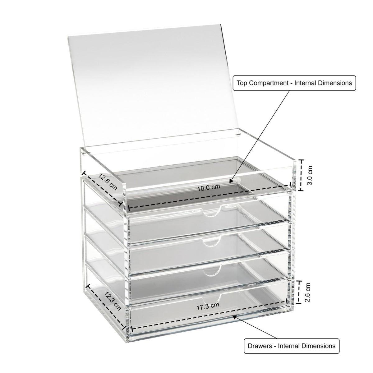 OSCO Clear Acrylic 5 Drawer Chest with Flip-Up Lid, Compact Storage Box for Makeup, Jewellery and Office Supplies, High-Grade Construction