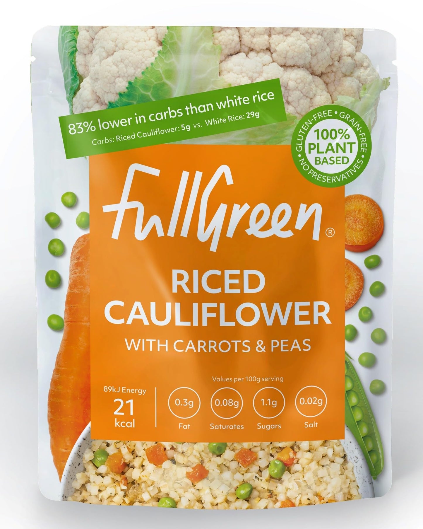 Fullgreen Riced Cauliflower with Carrots & Peas - Case of 6. 100% Veg, shelf-stable, no preservatives, vegan, keto and 87% lower-carbs than rice! Made